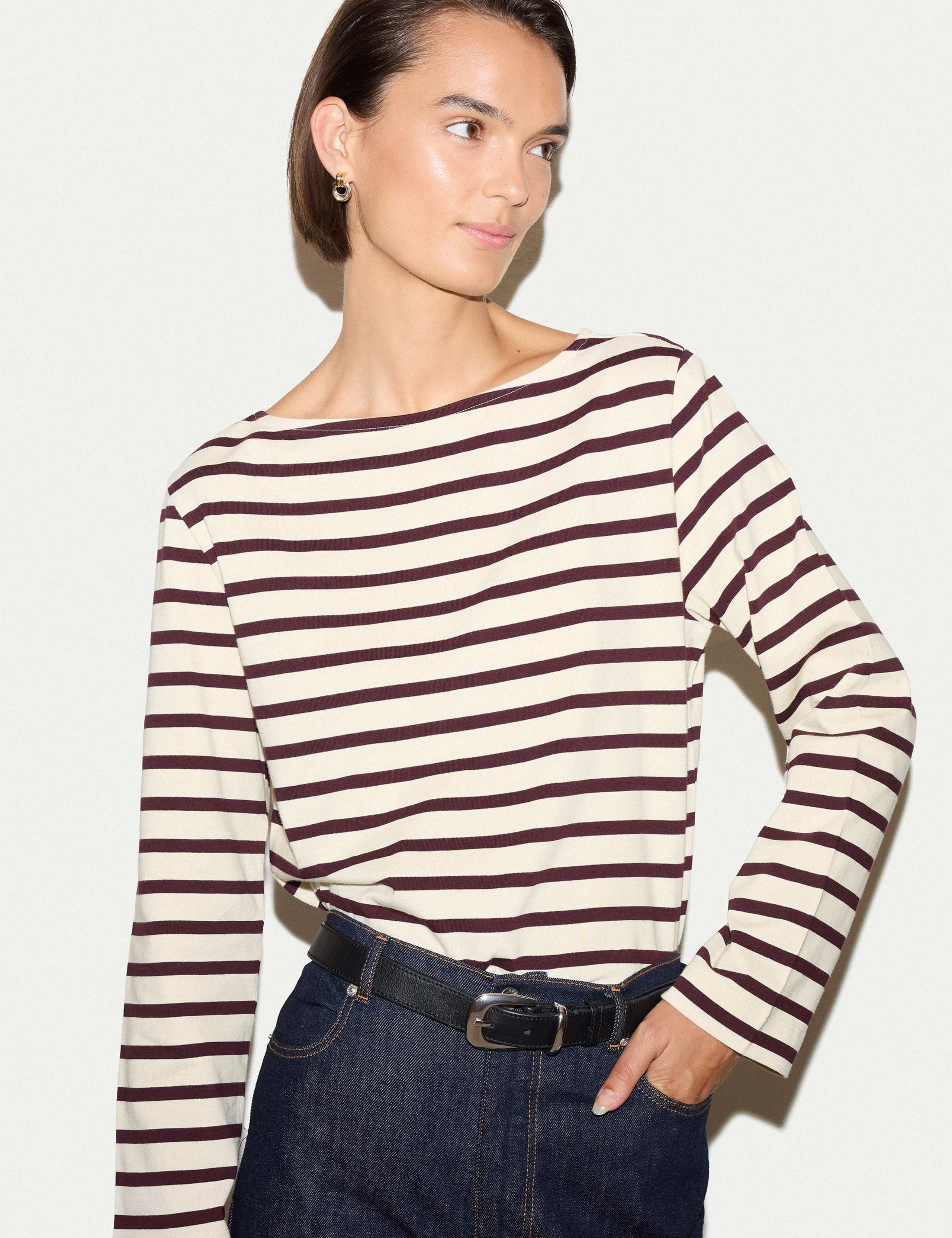 Pure Cotton Striped Slash Neck Top