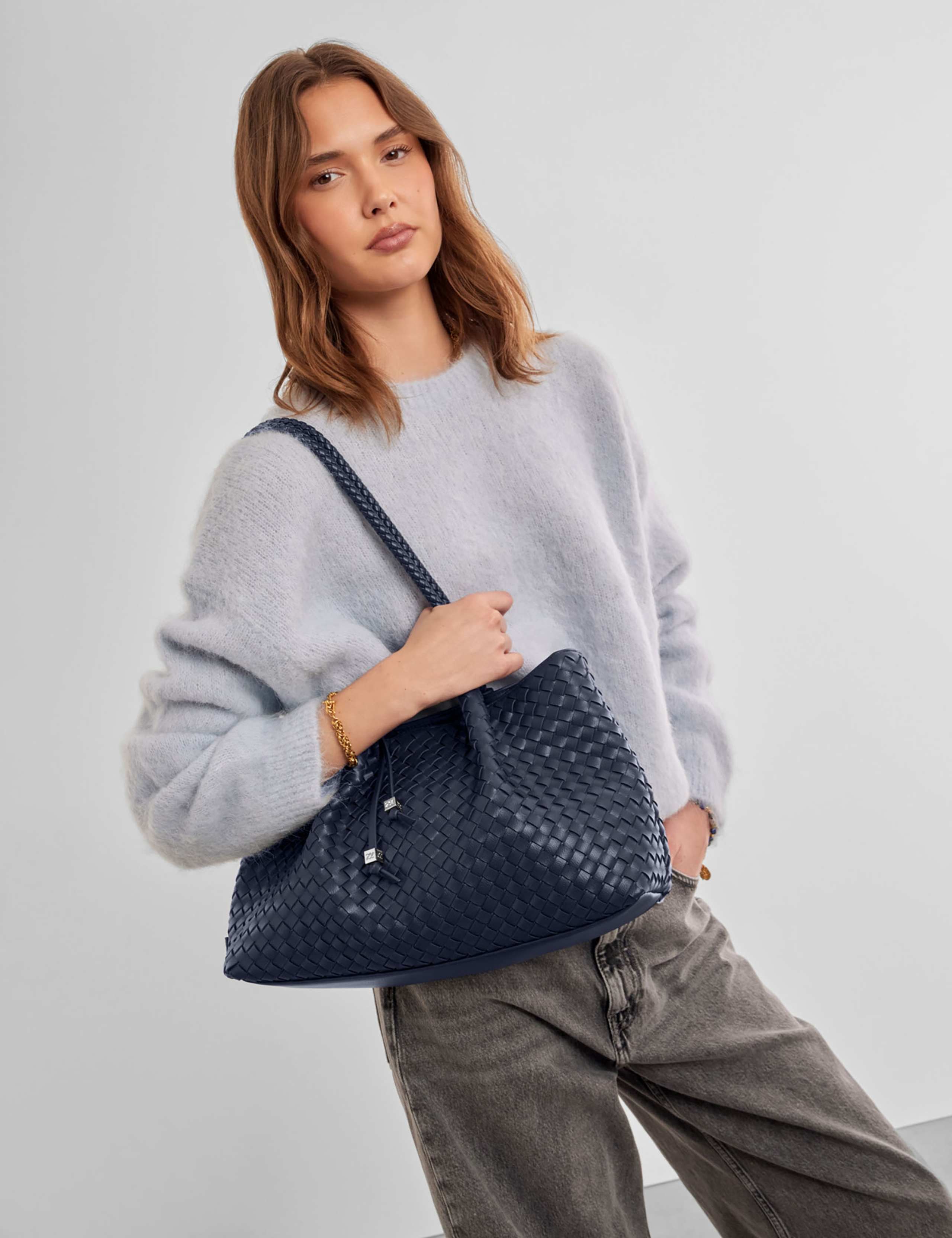 Faux Leather Woven Shoulder Tote Bag