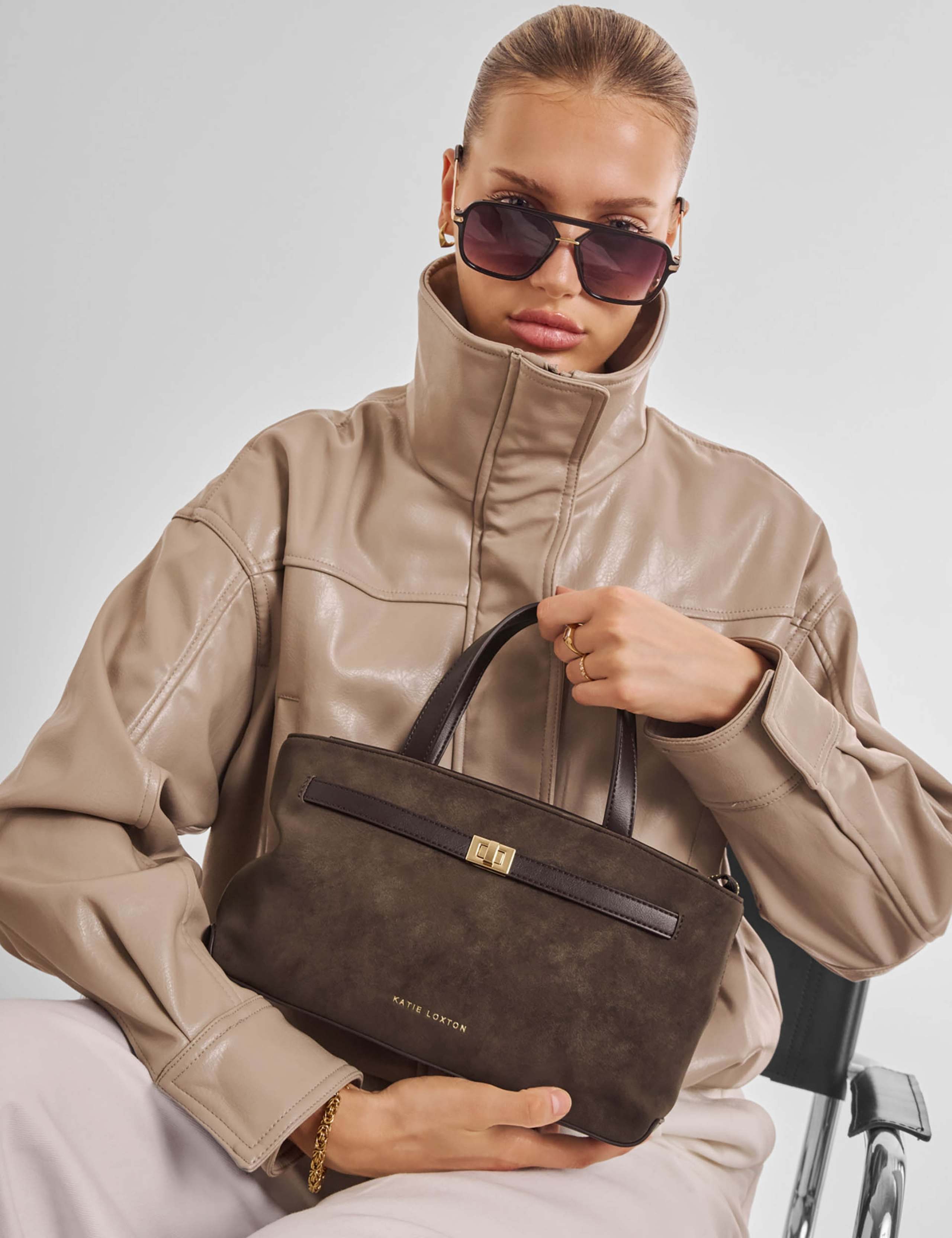Faux Suede Top Handle Cross Body Bag