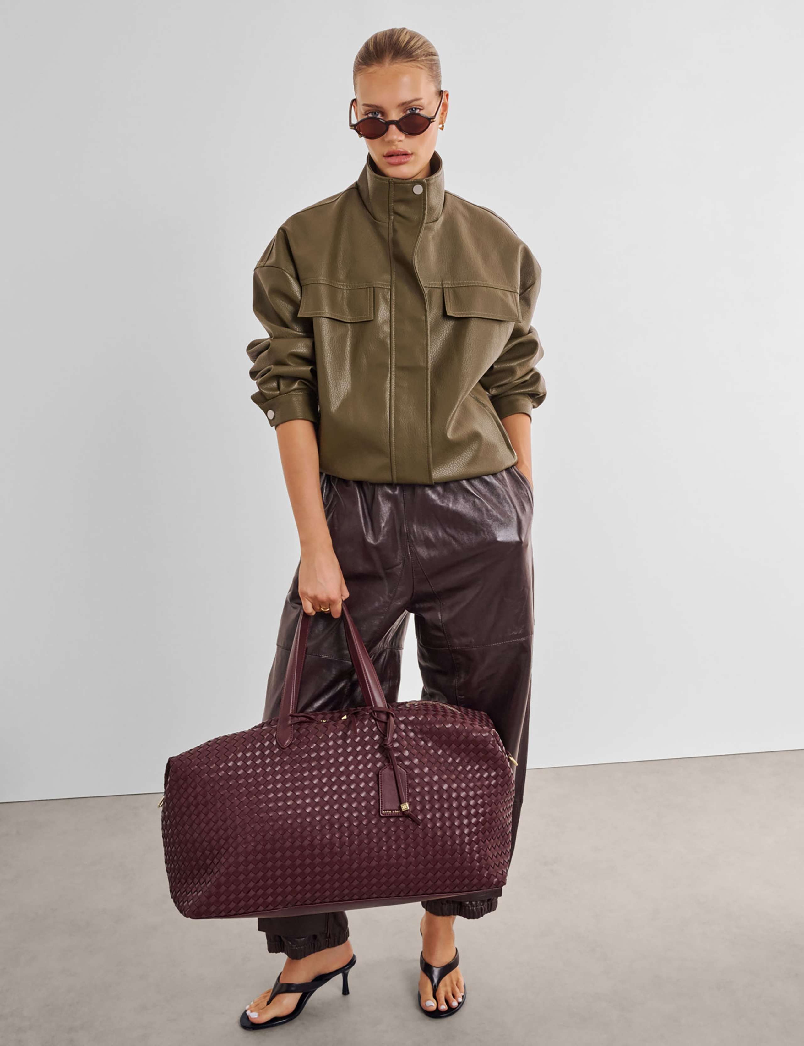 Faux Leather Woven Weekend Bag