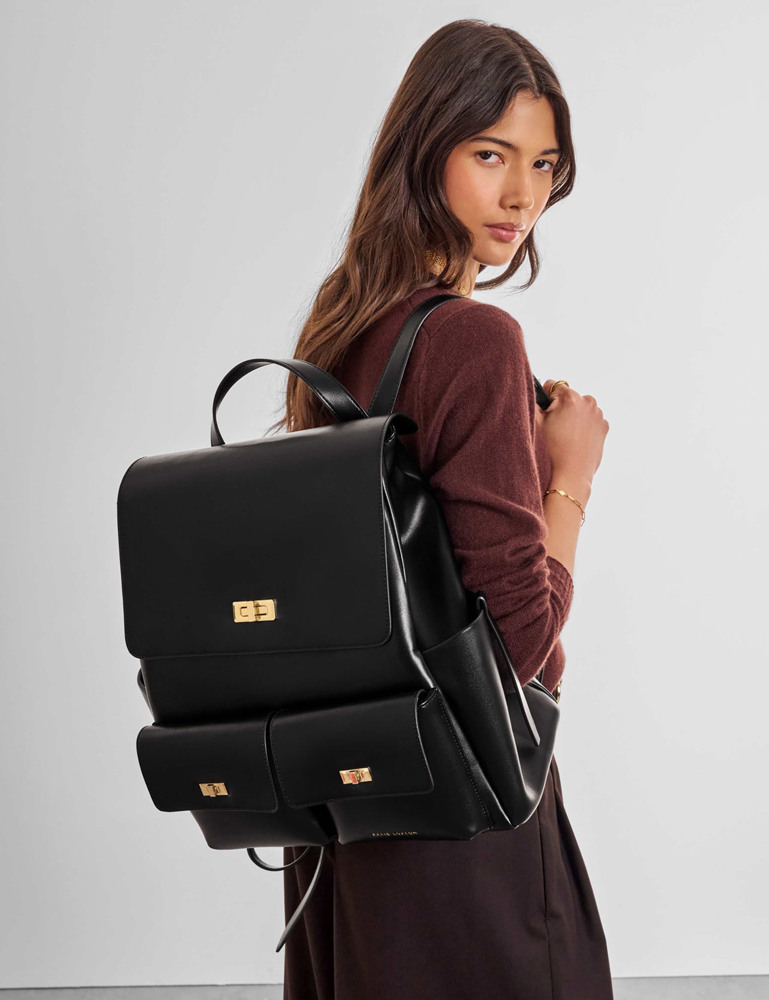 Faux Leather Twist Lock Work Backpack