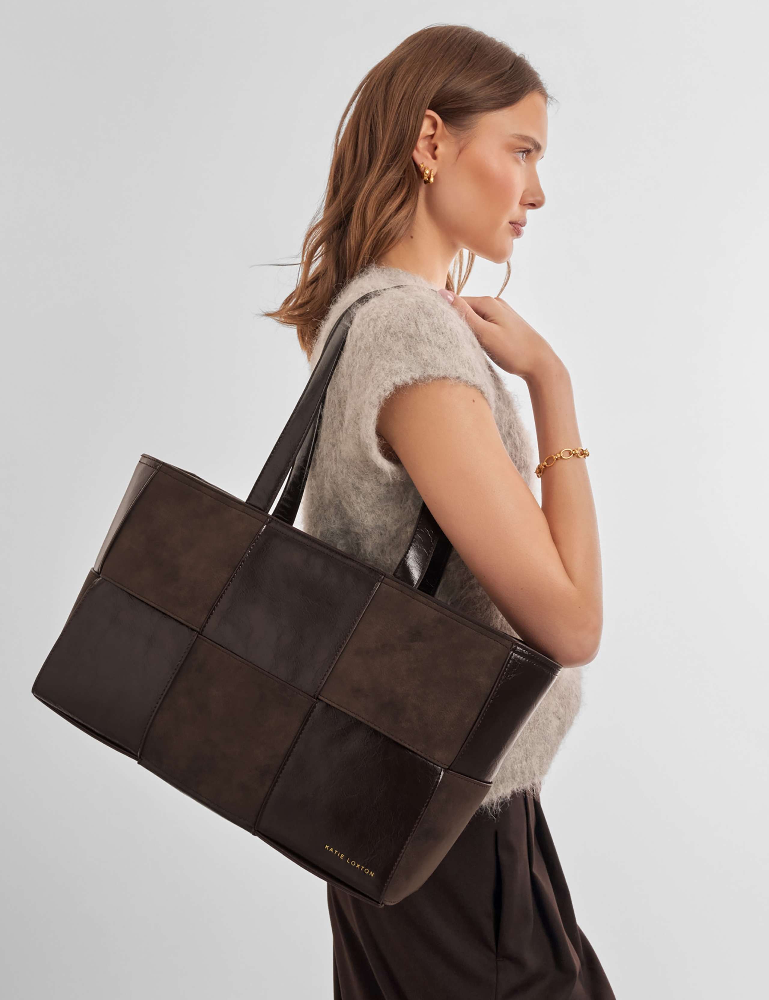 Faux Suede Faux Leather Woven Tote Bag