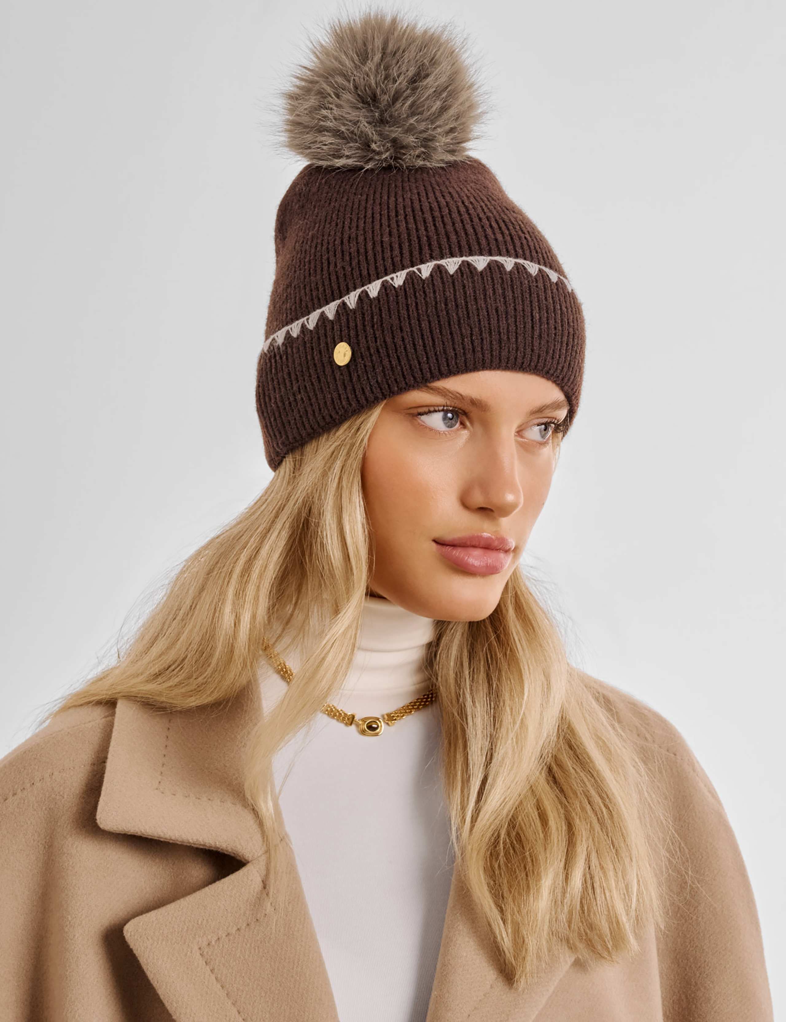 Knitted Faux Fur Pom Beanie Hat