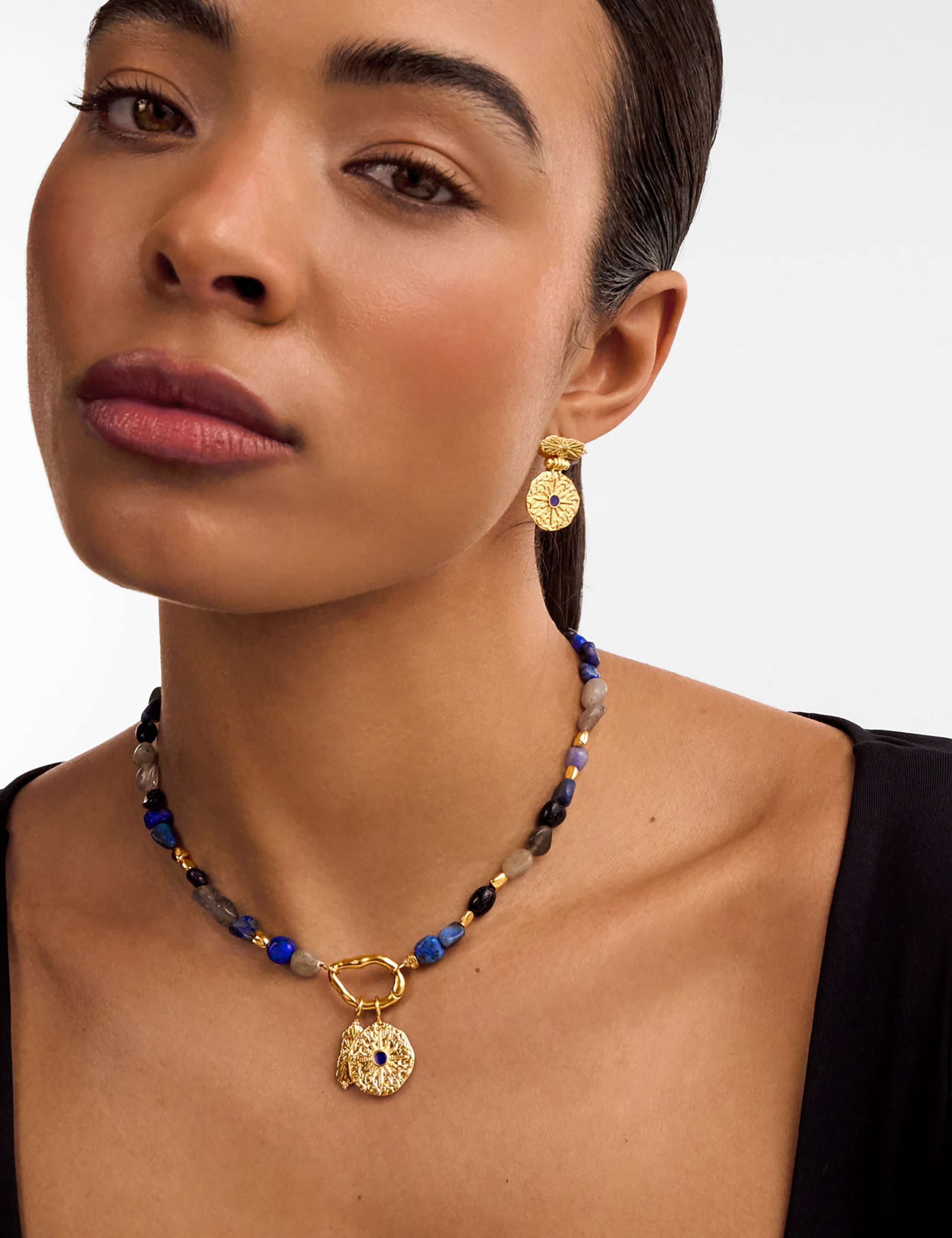 Short Gold Coated Blue Gemstone Necklace
