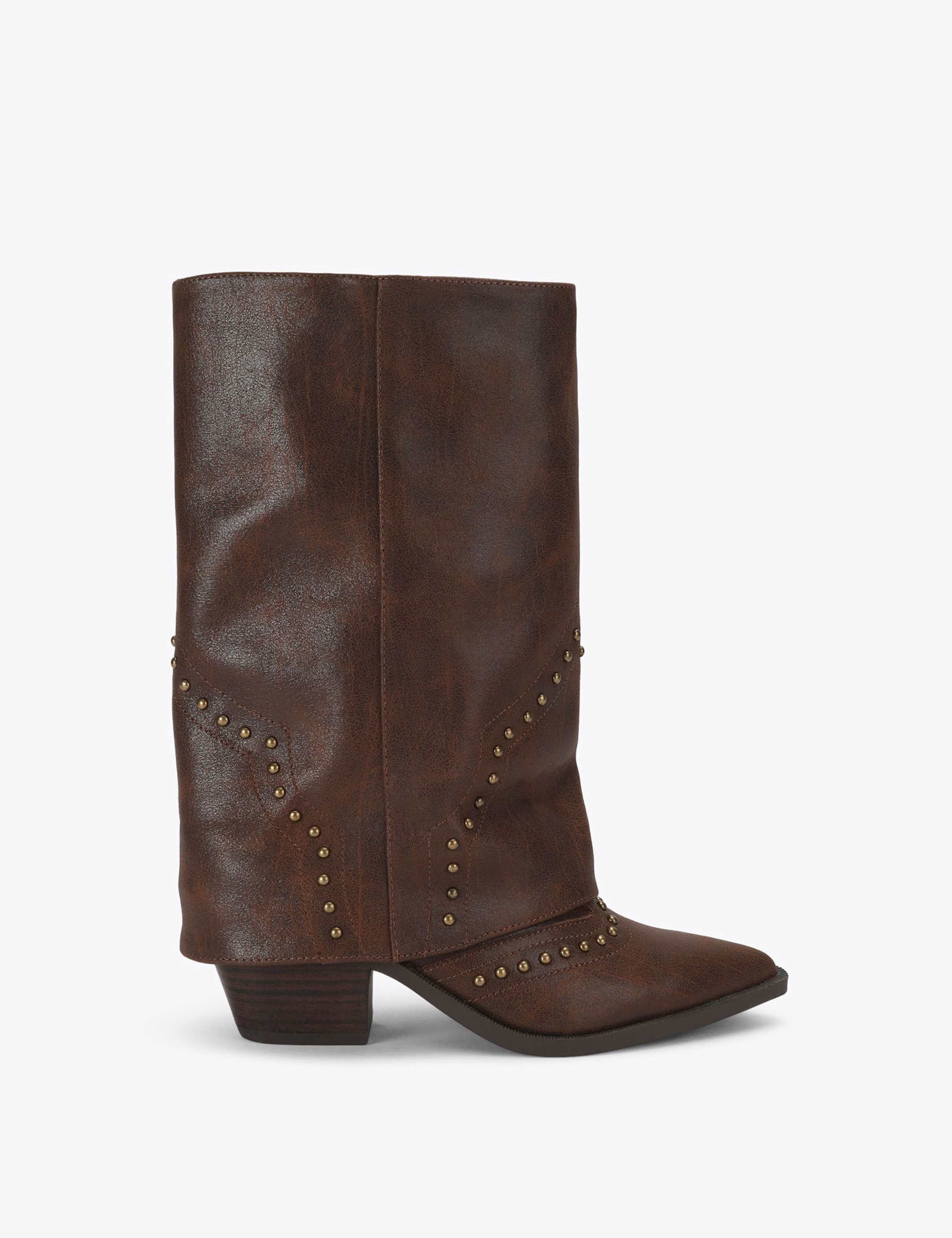 Leather Studded Block Heel Knee High Boots