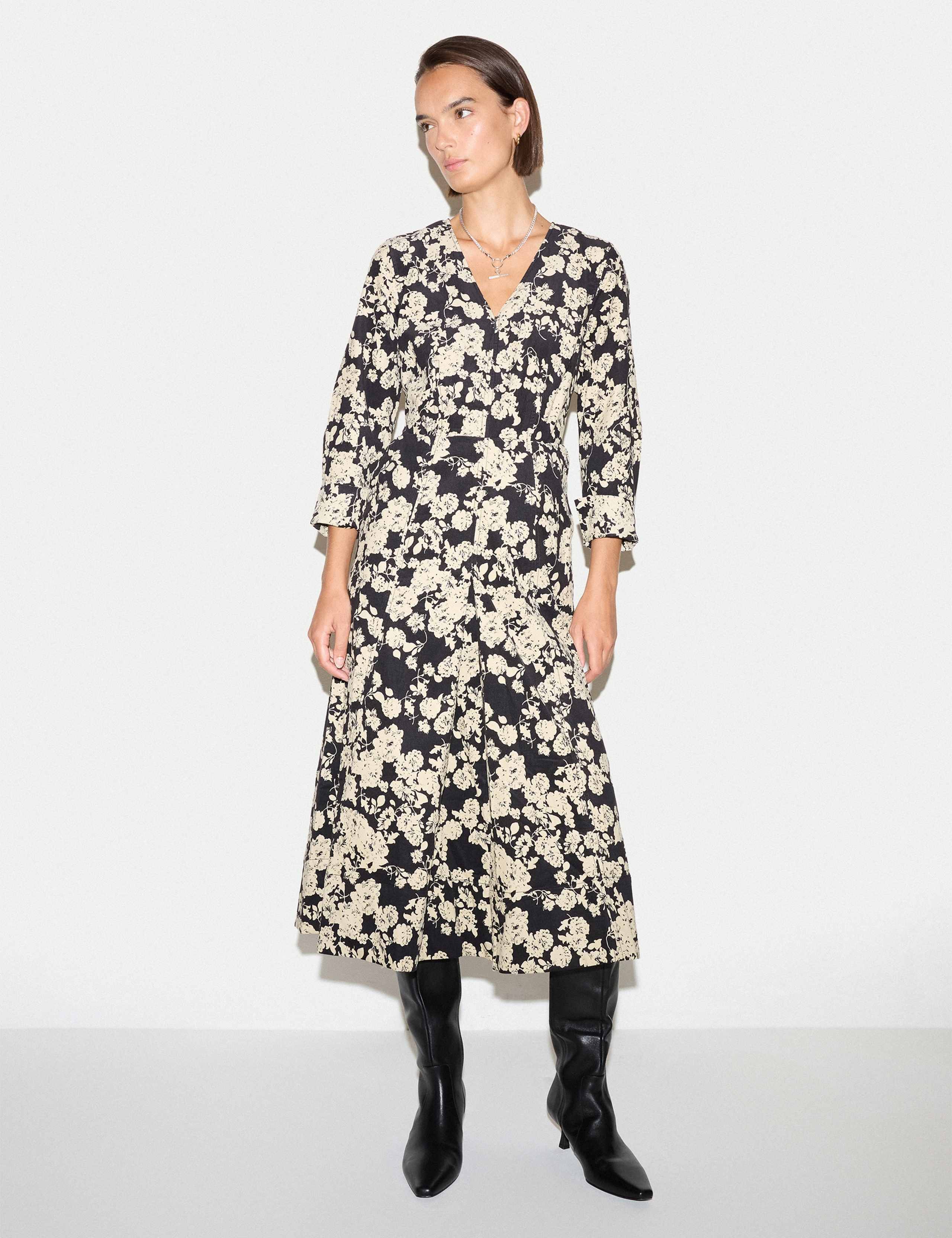 Cord Floral V Neck Pleated Midi Dress