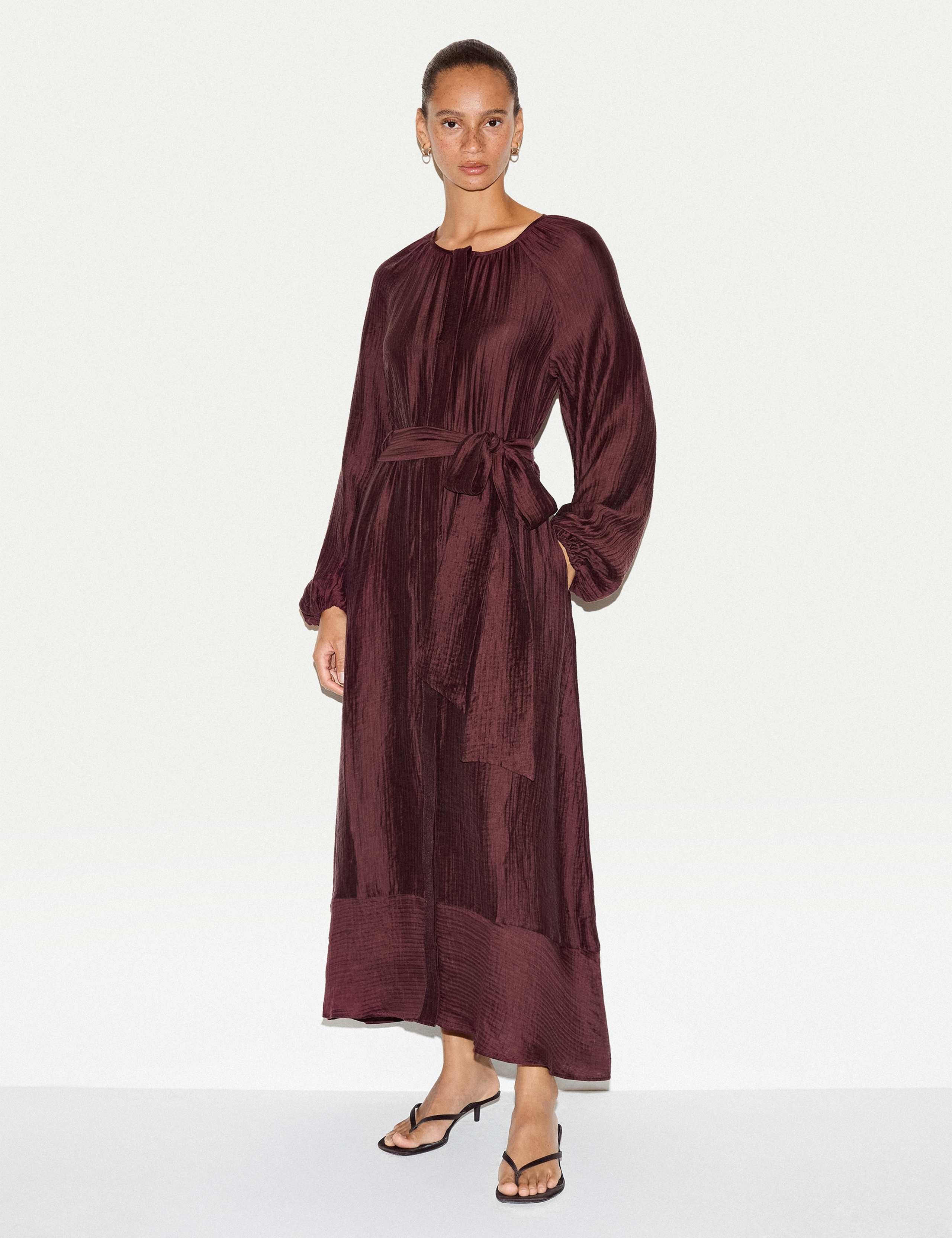 Textured Round Neck Tie Waist Midi Shift Dress
