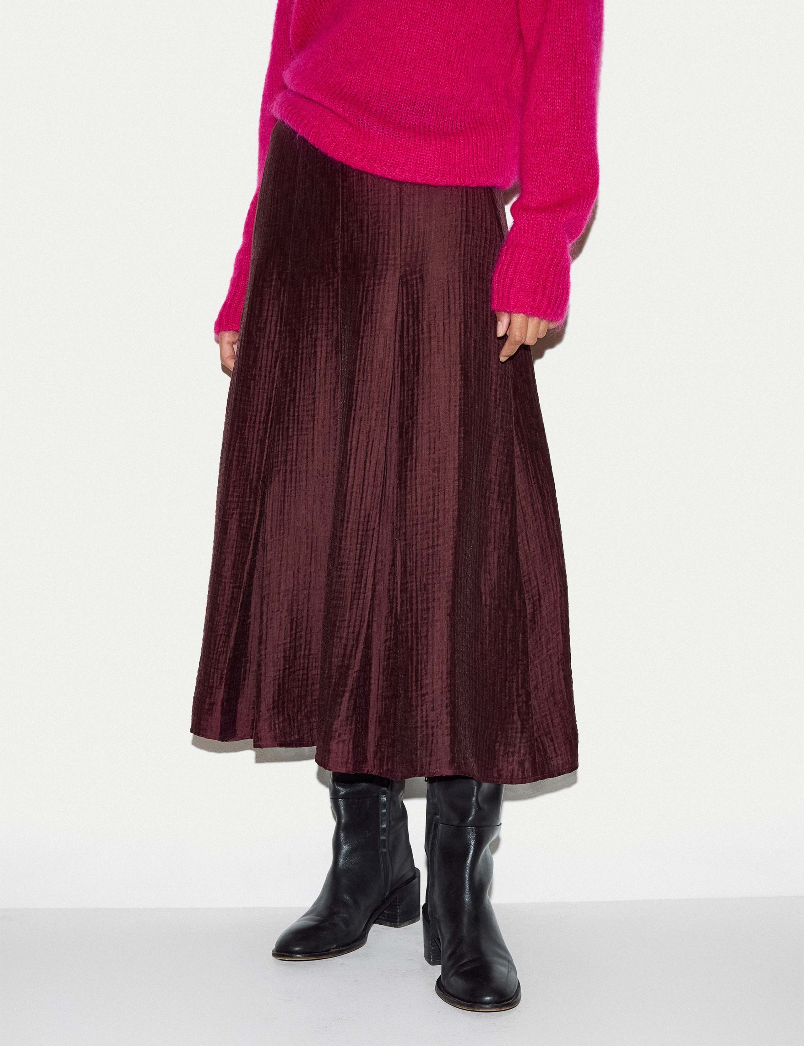 Textured Pleated Midi Flared Skirt