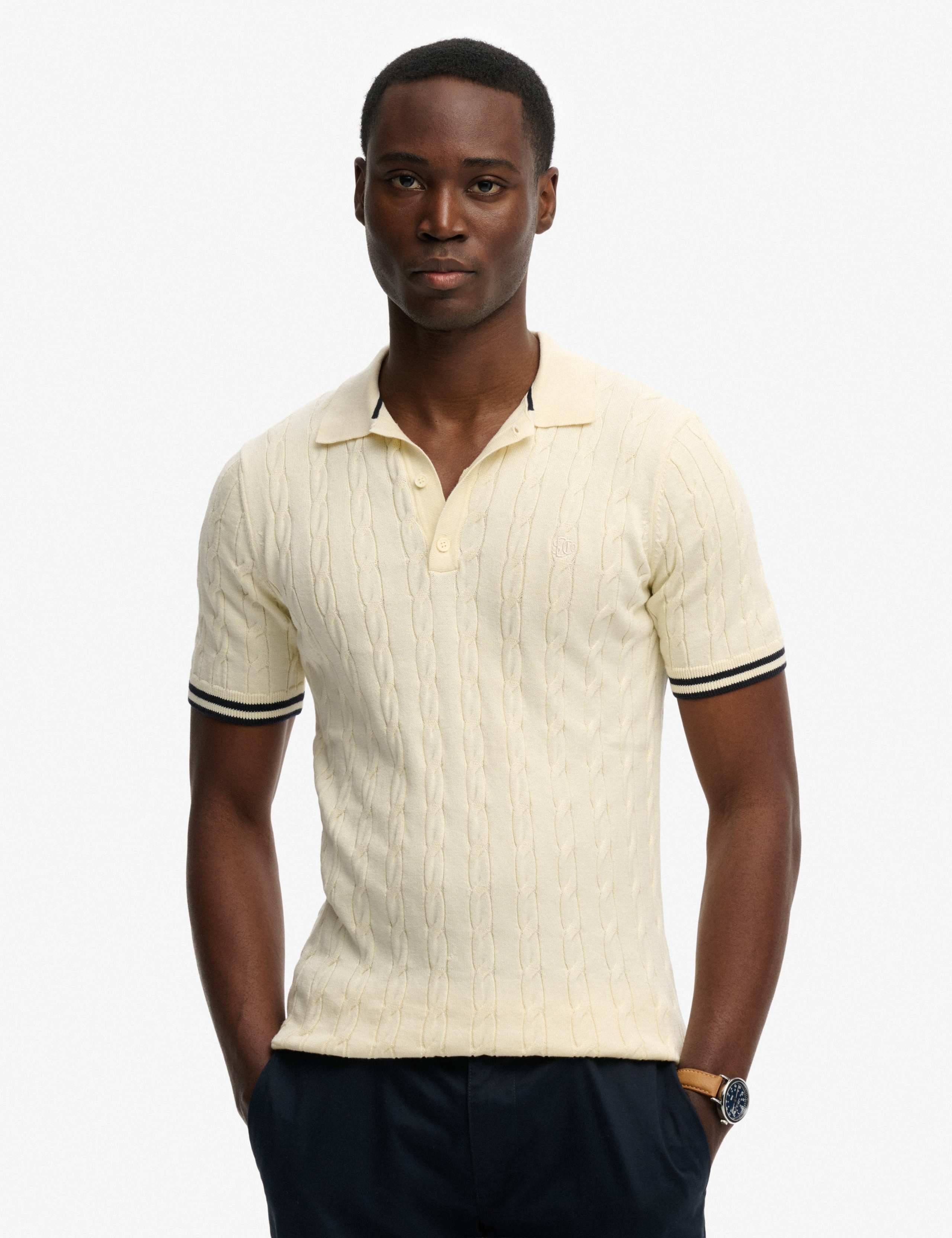 Pure Cotton Cable Knit Polo Shirt