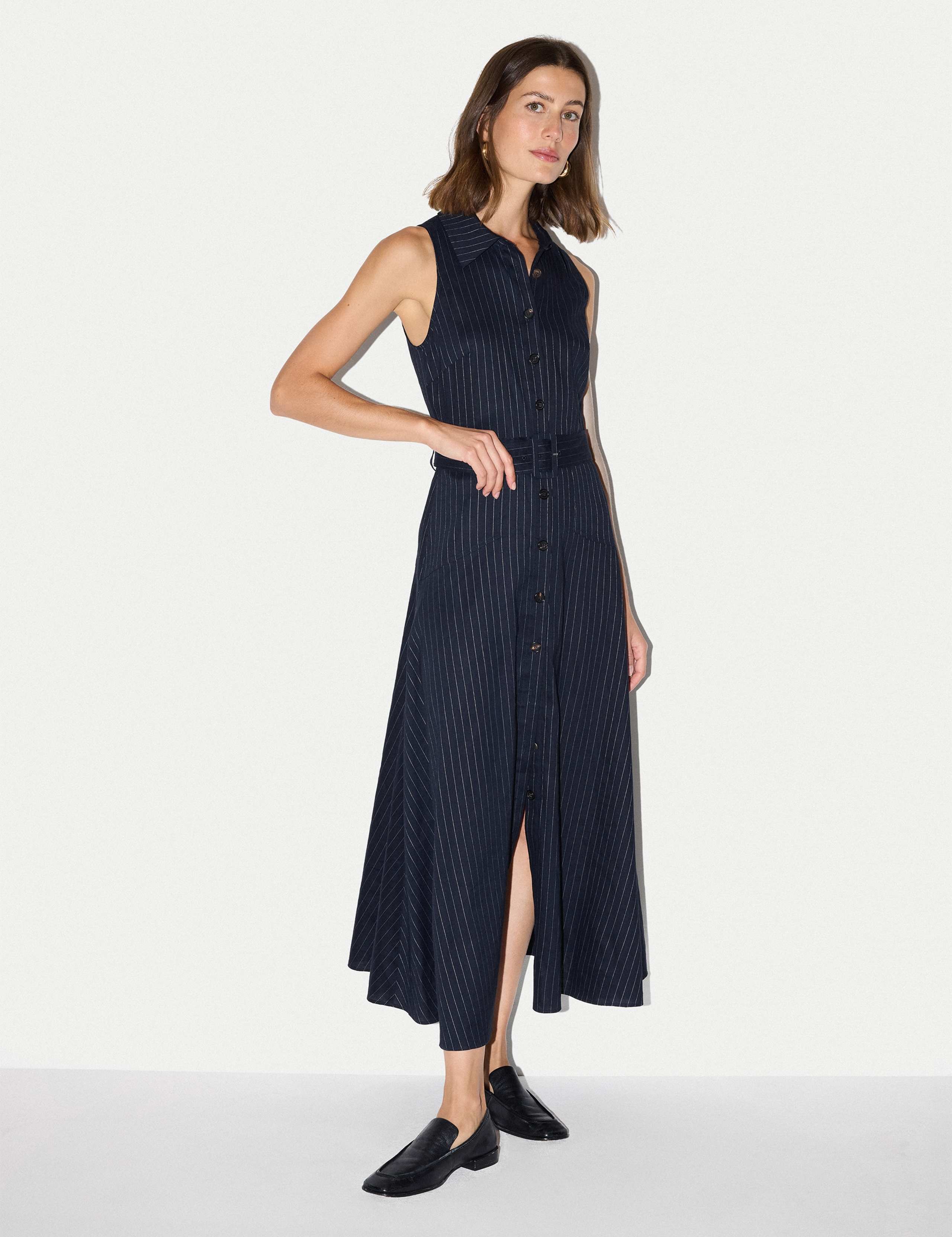Linen Blend Striped Belted Button Through Midaxi Dress