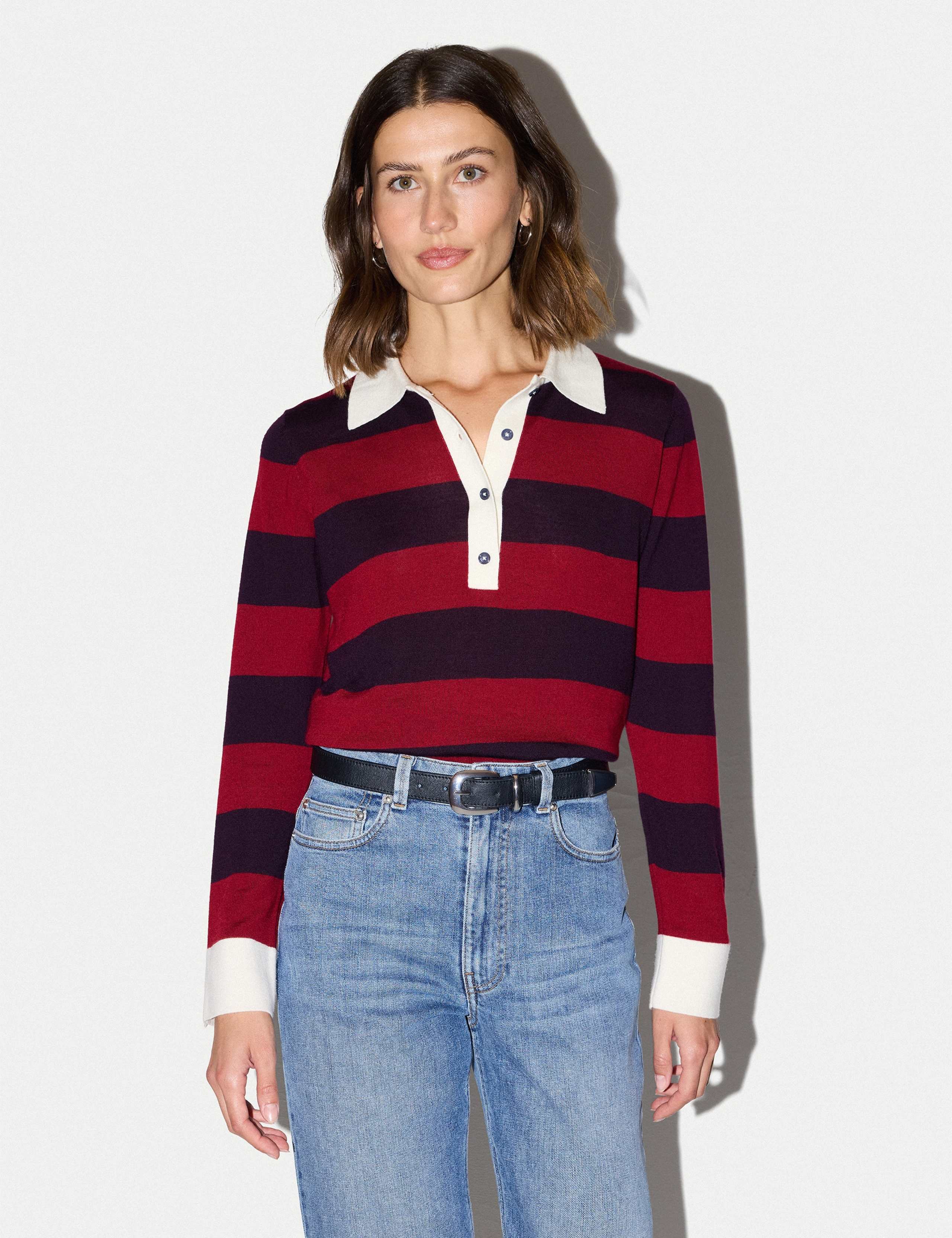 Pure Merino Wool Striped Polo Neck Jumper