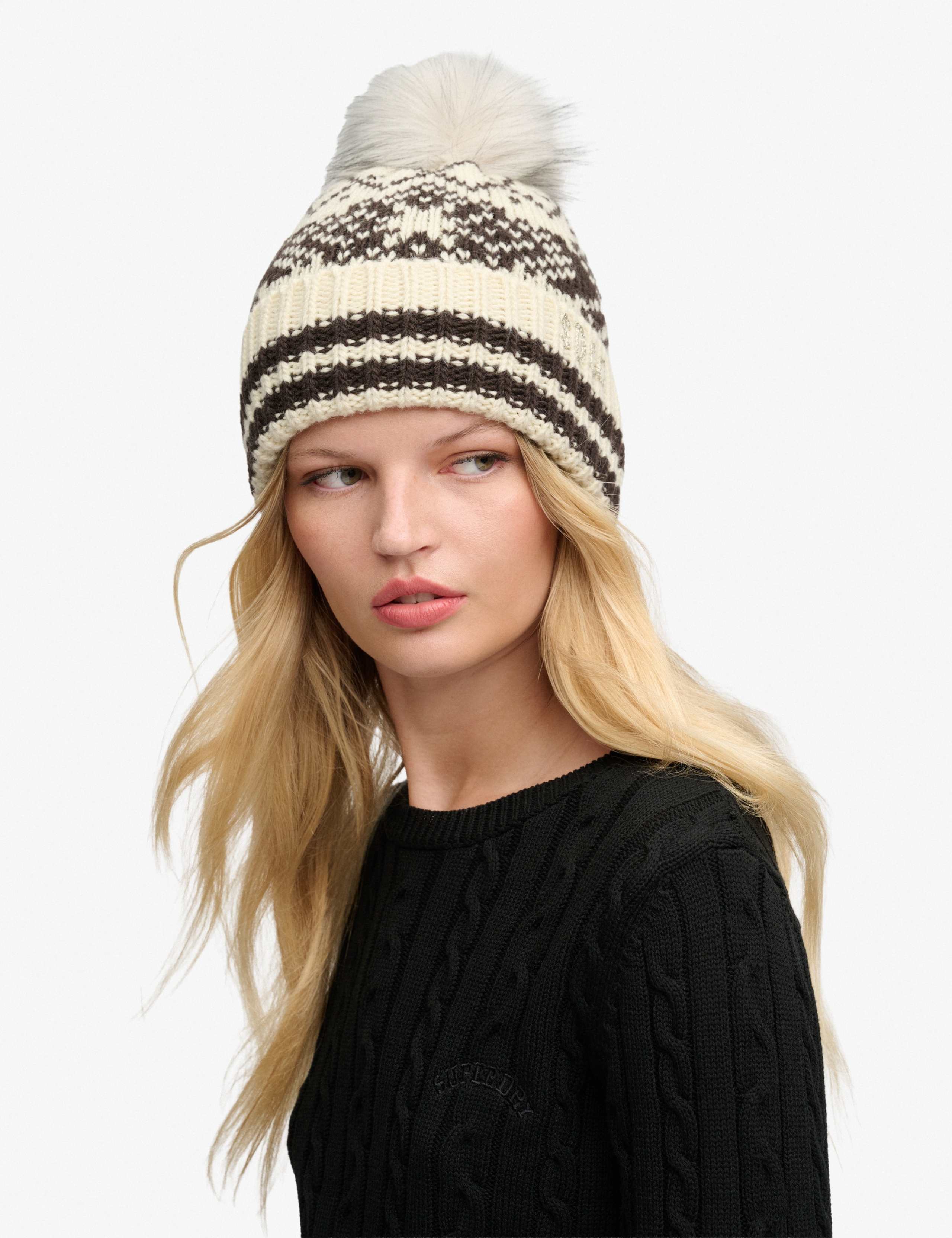 Fair Isle Bobble Beanie Hat with Wool