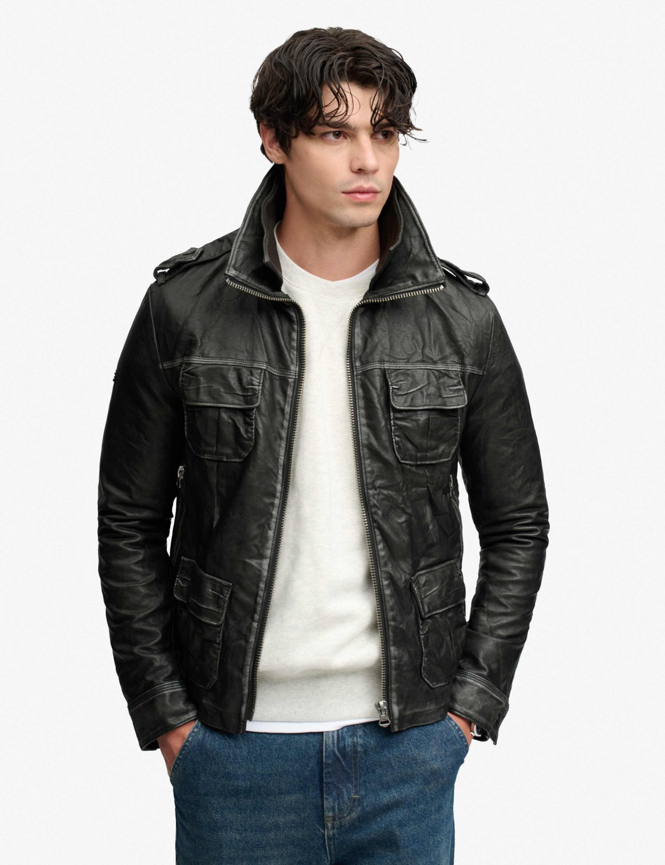 Faux Leather Double Collar Jacket