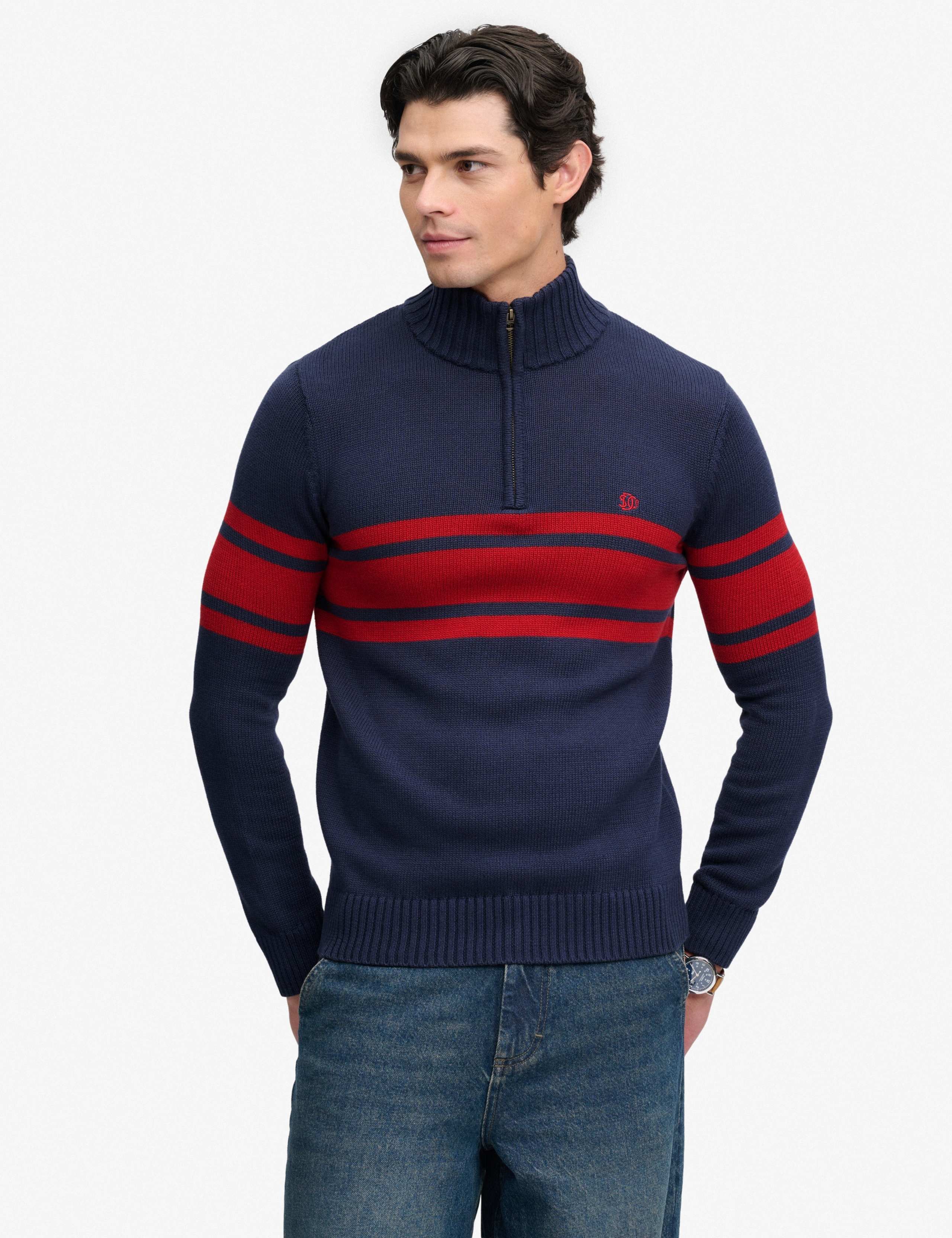 Pure Cotton Striped Half Zip Jumper
