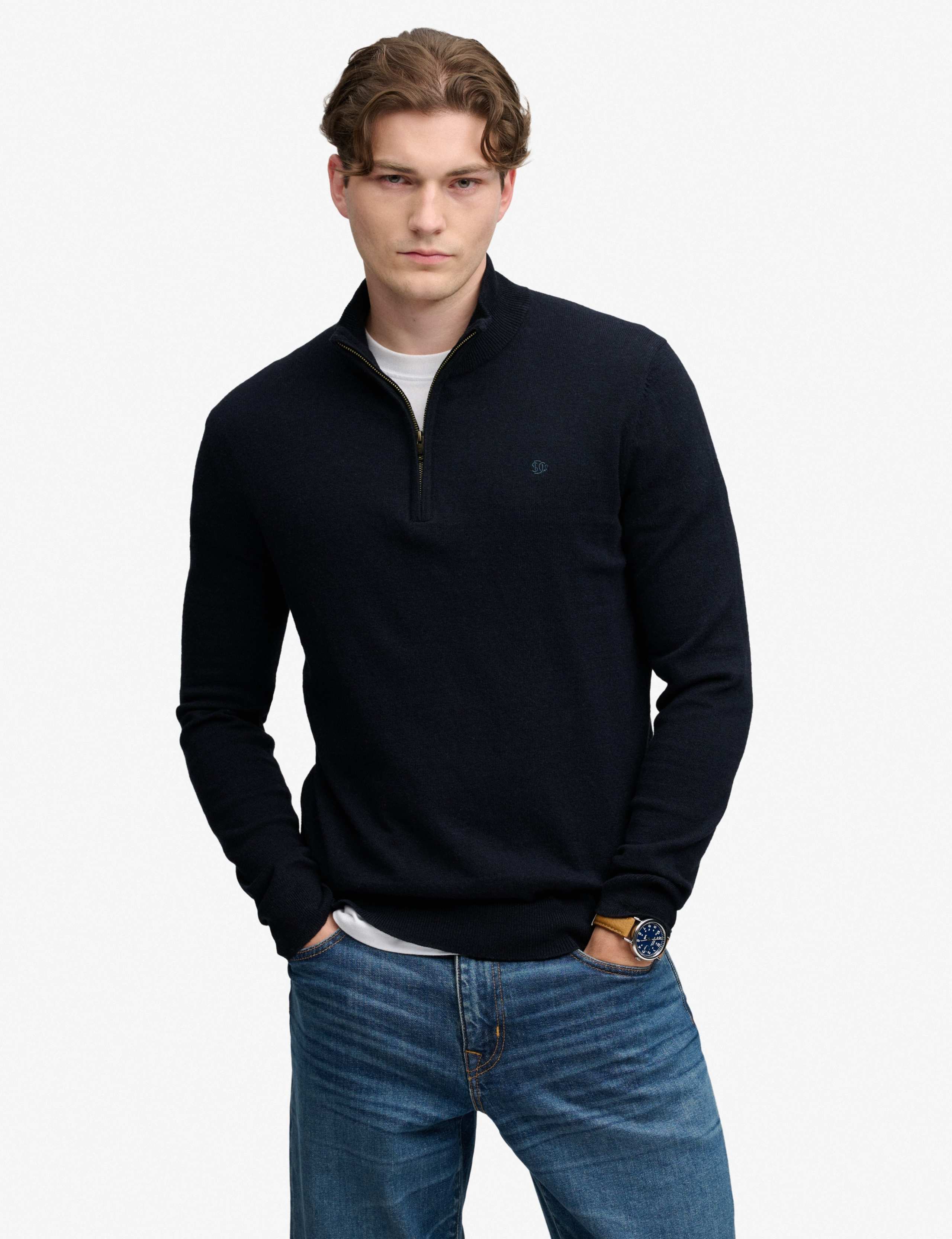 Cotton Rich Half Zip Jumper with Wool
