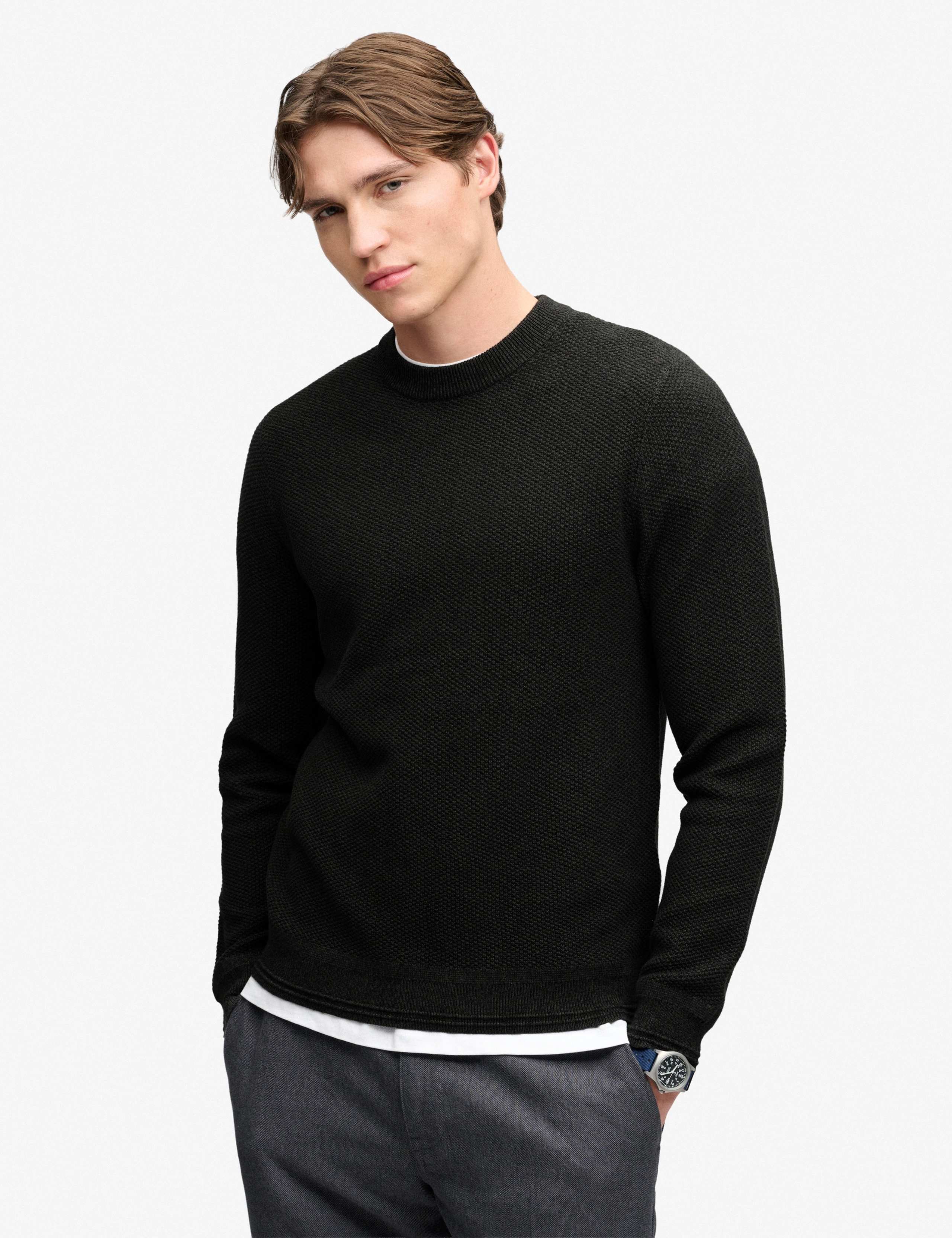 Pure Cotton Textured Crew Neck Jumper