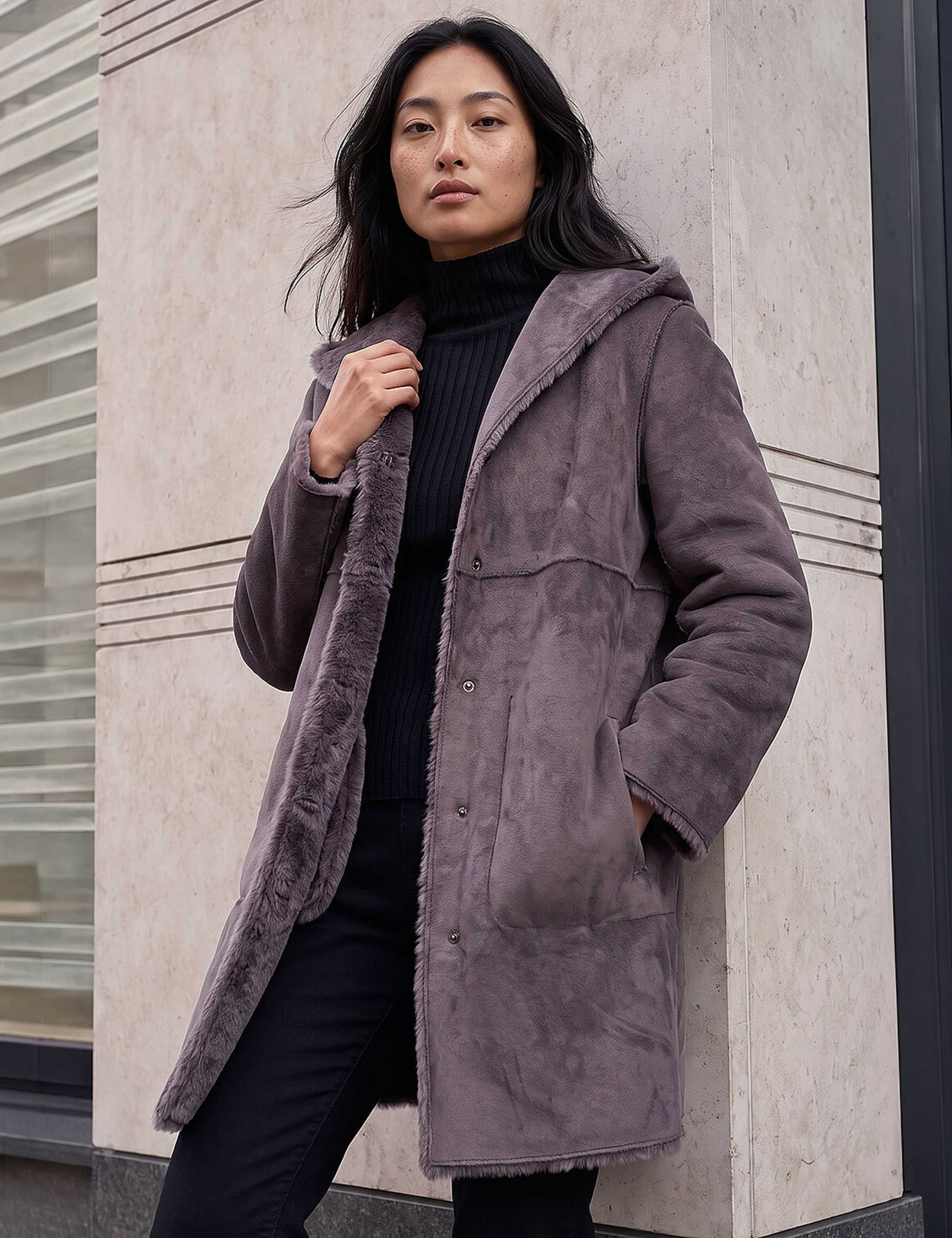 Petite Faux Sheepskin Reversible Hooded Coat
