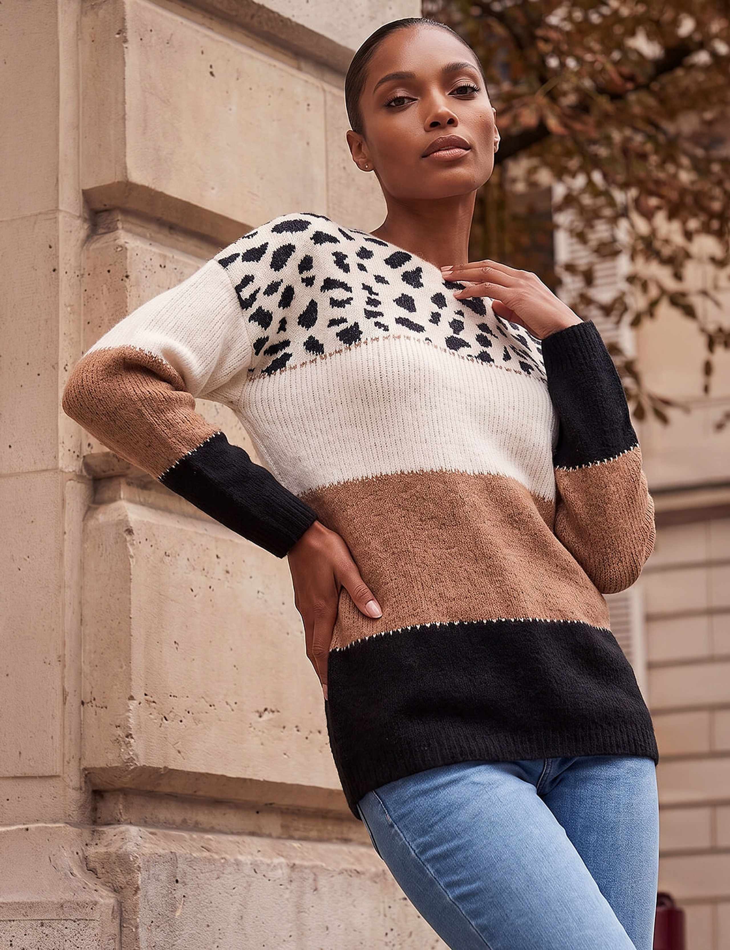 Animal Print Colour Block Jumper