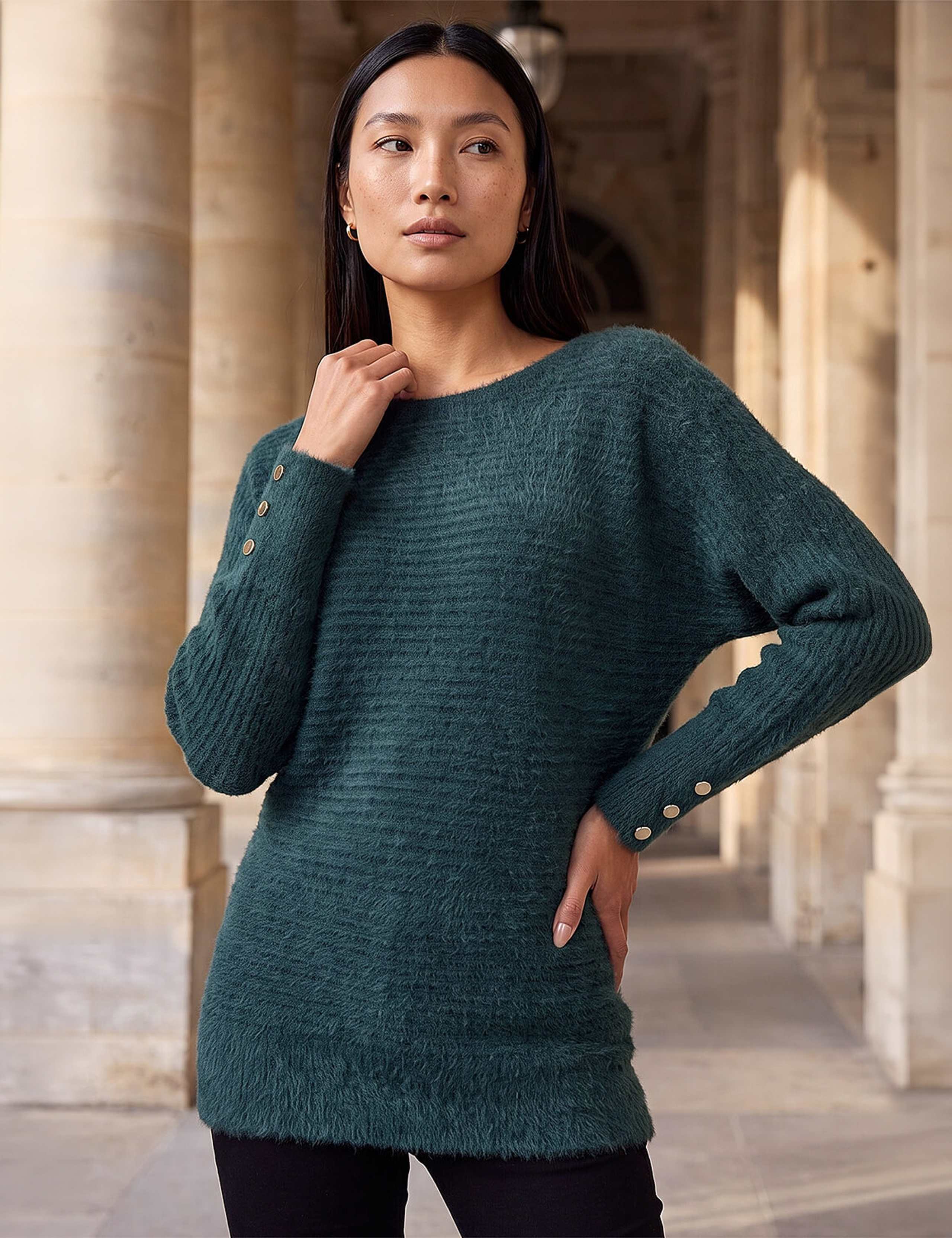 Button Sleeve Fluffy Jumper