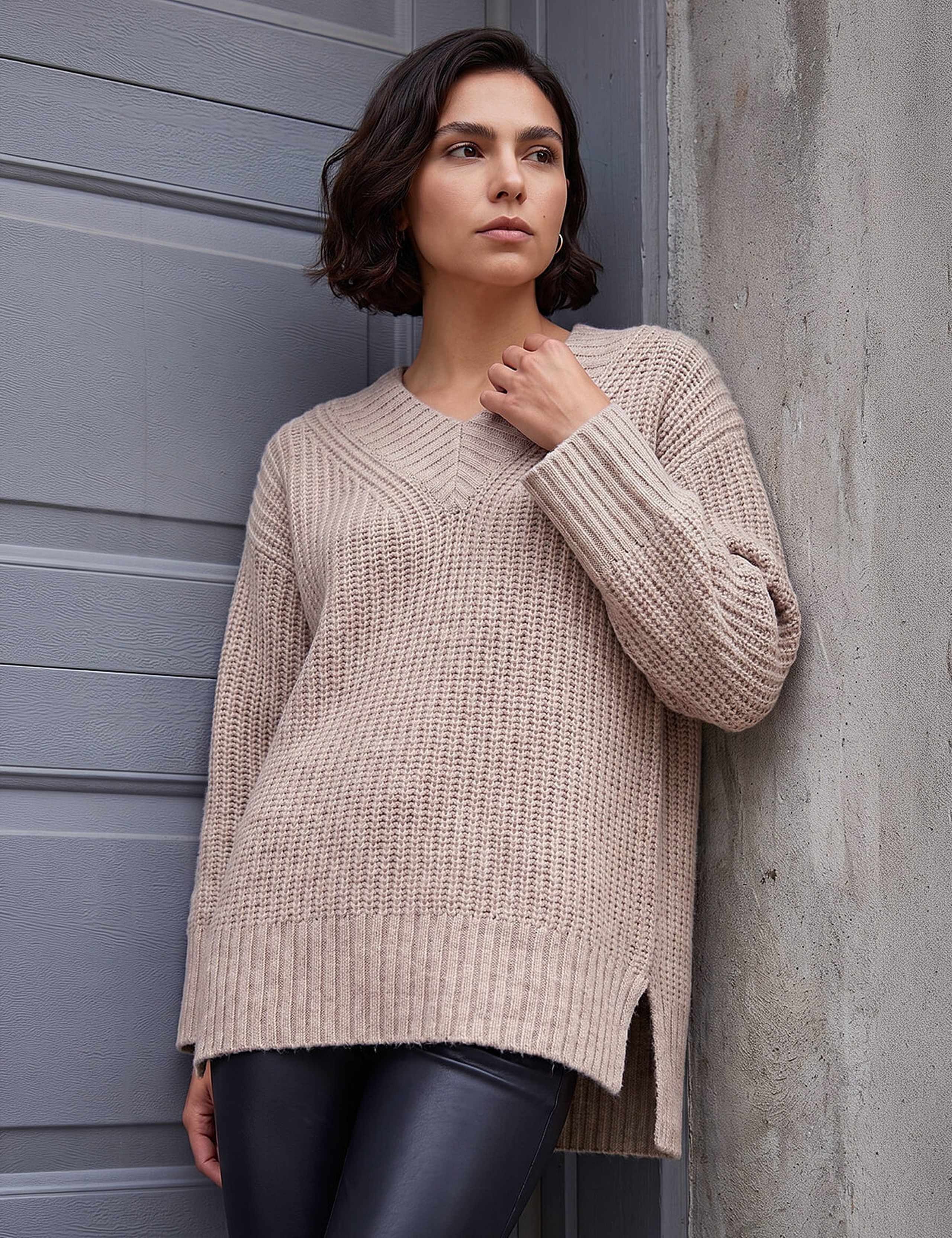 Chunky V-Neck Split Hem Longline Jumper