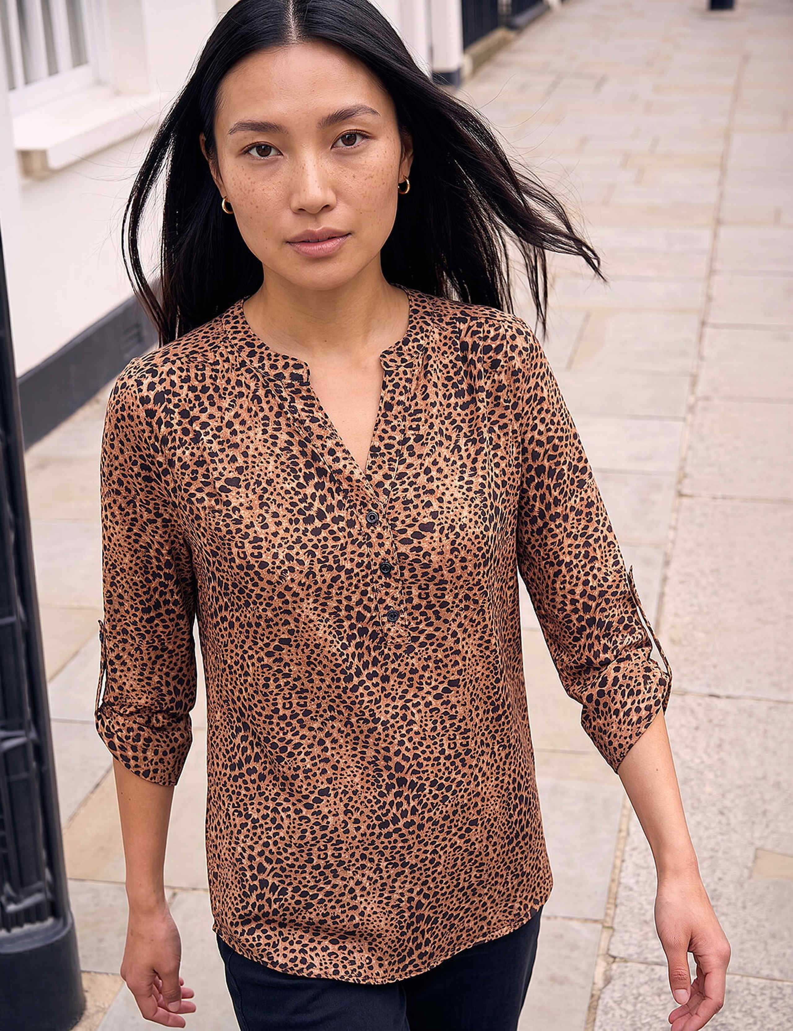 Animal Print V-Neck Popover Blouse