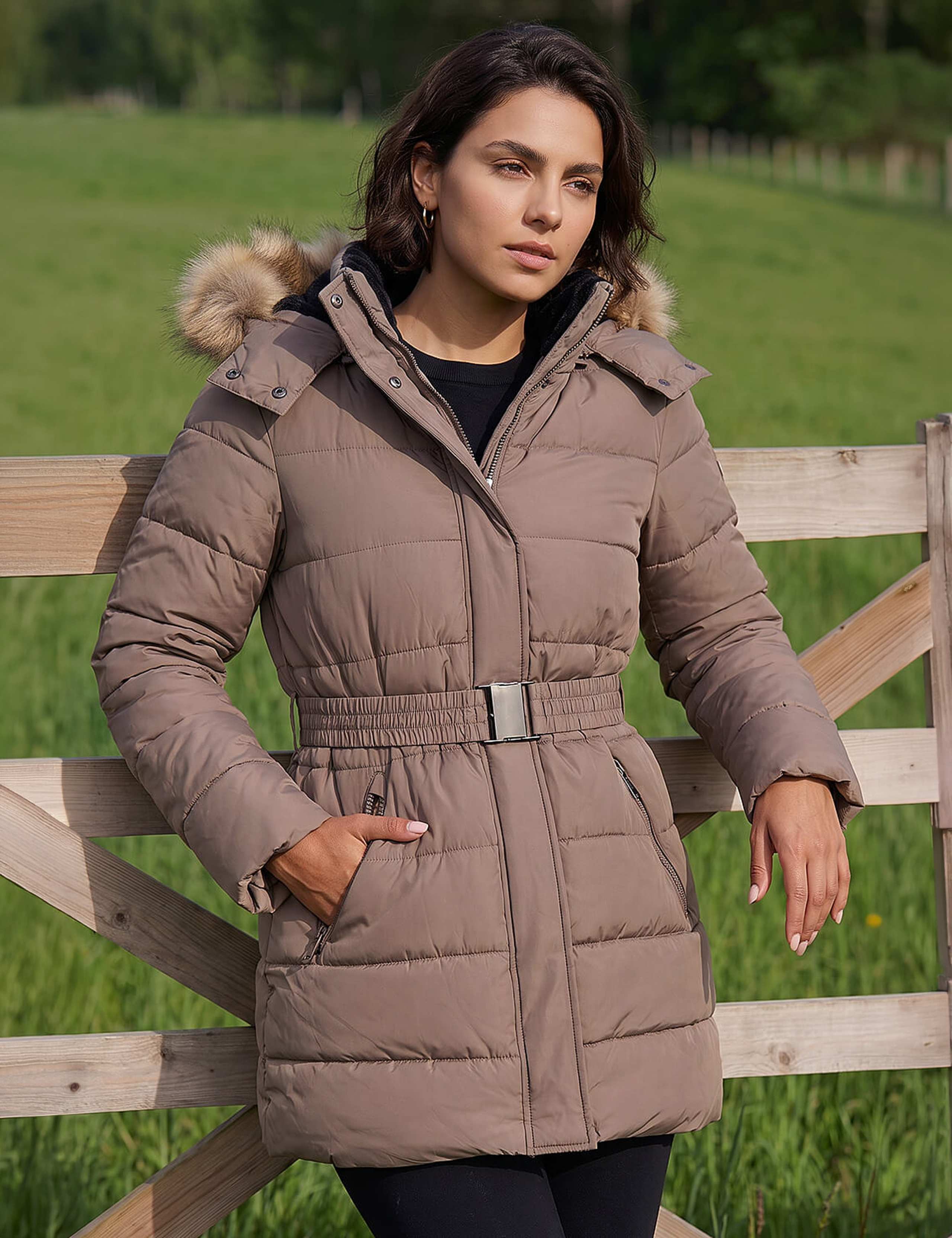 Padded Hooded Belted Faux Fur Detail Coat