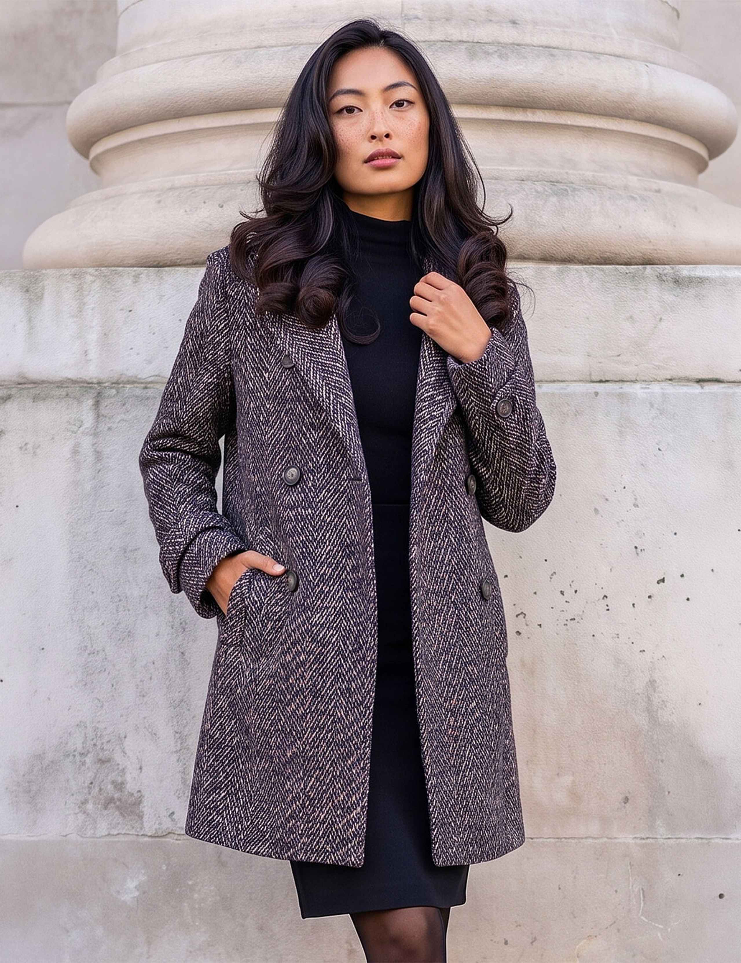 Petite Double Breasted Funnel Neck Pea Coat