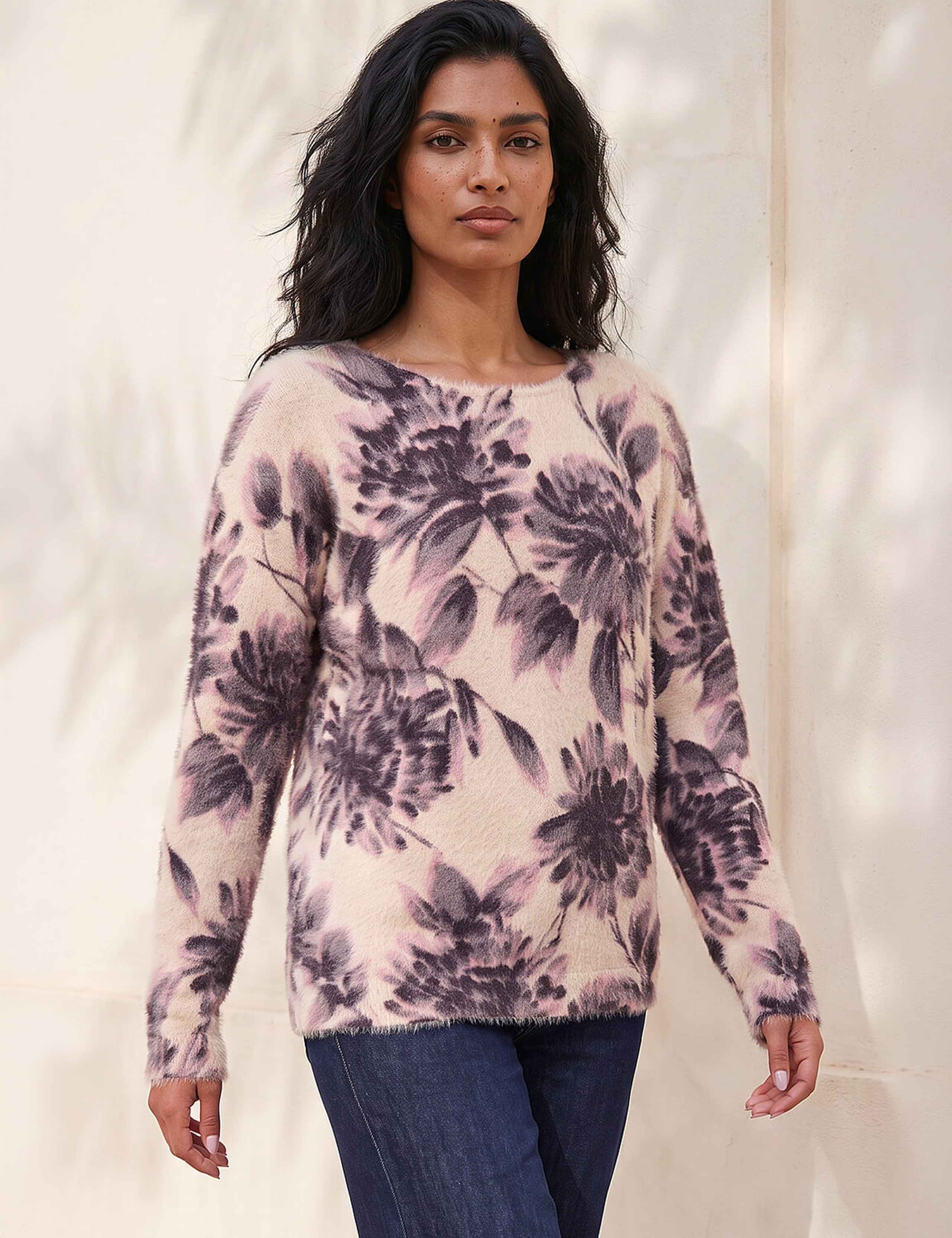 Fluffy Knit Floral Print Scoop Neck Jumper