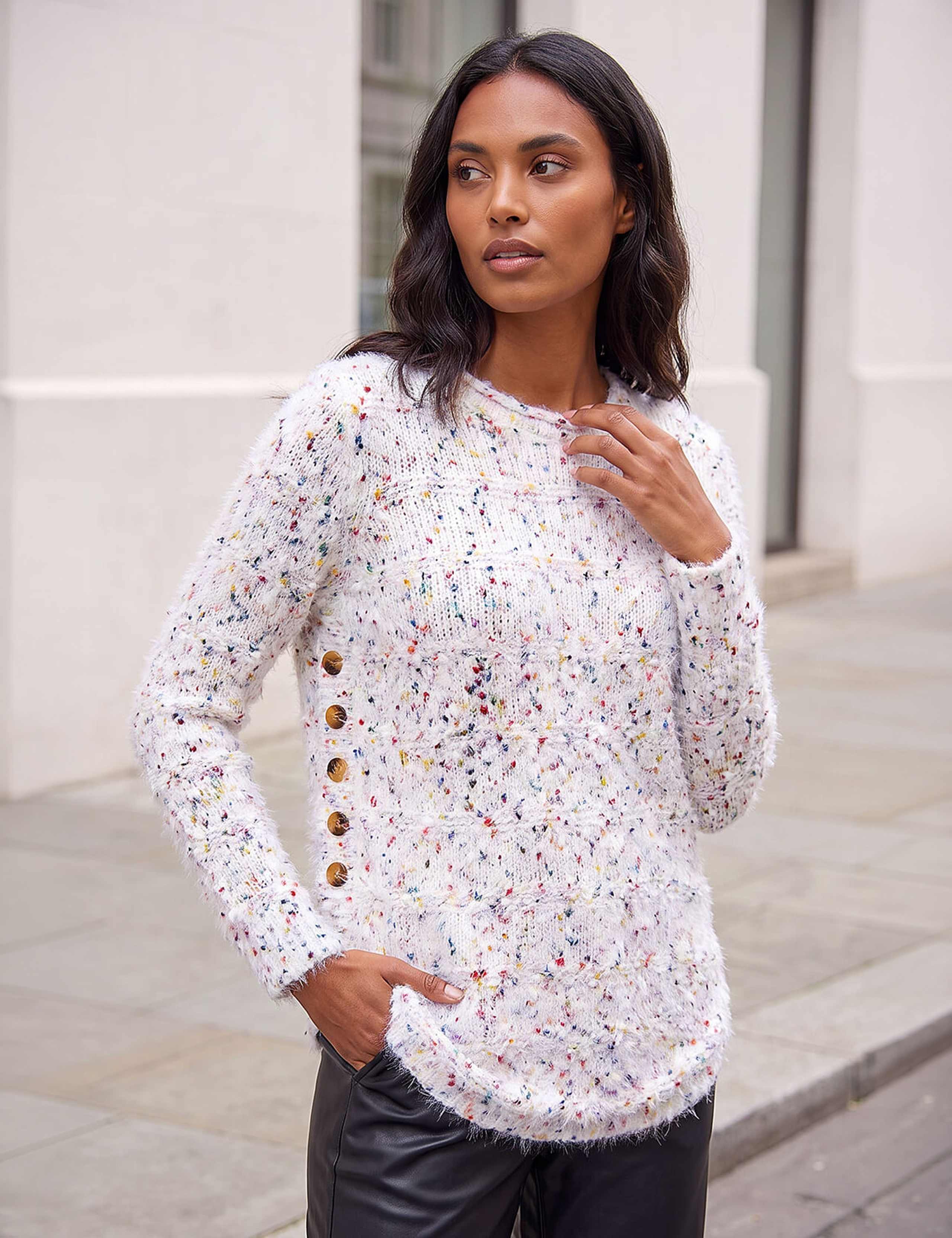 Textured Button Detail Curved Hem Jumper