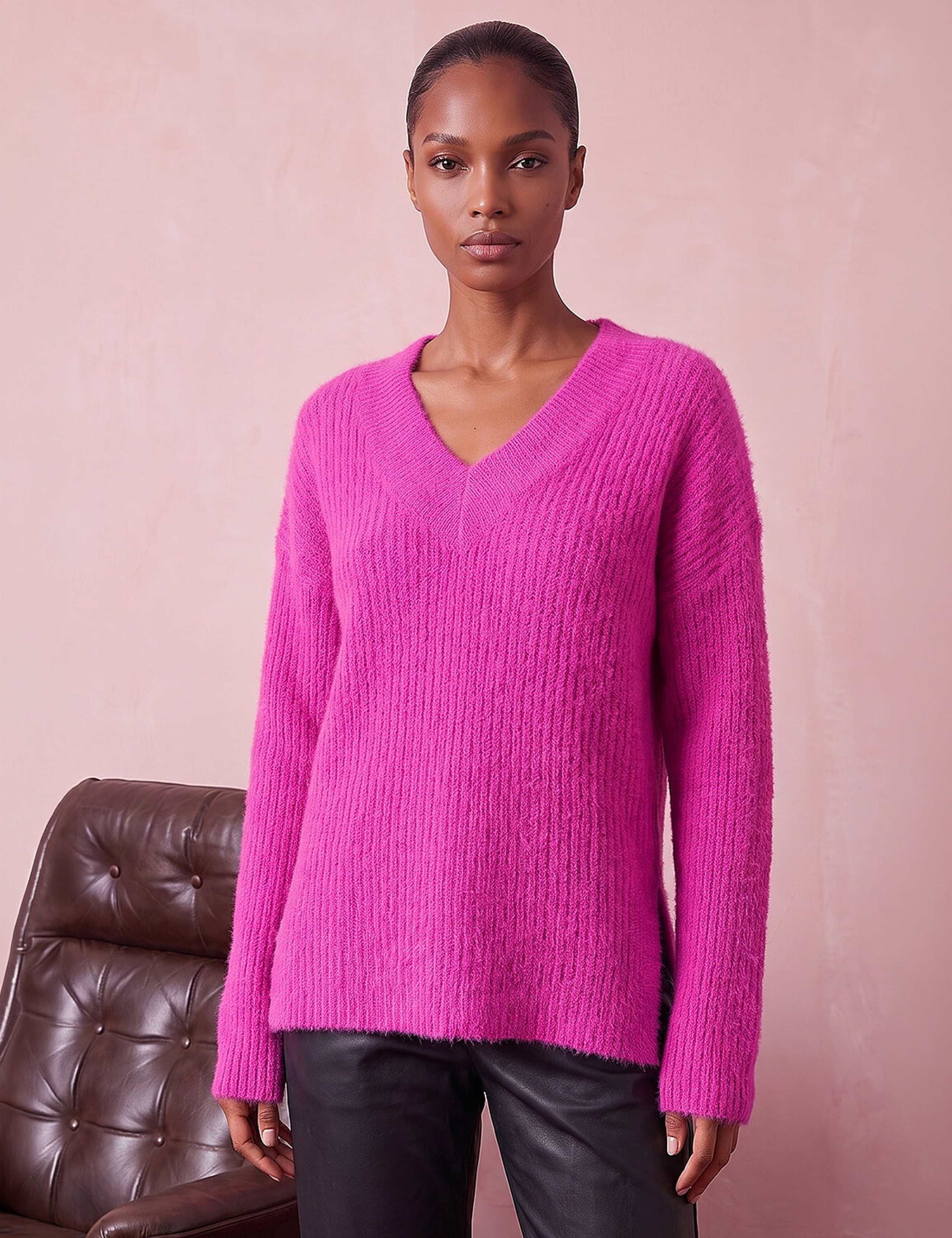 V-Neck Fluffy Knit Jumper