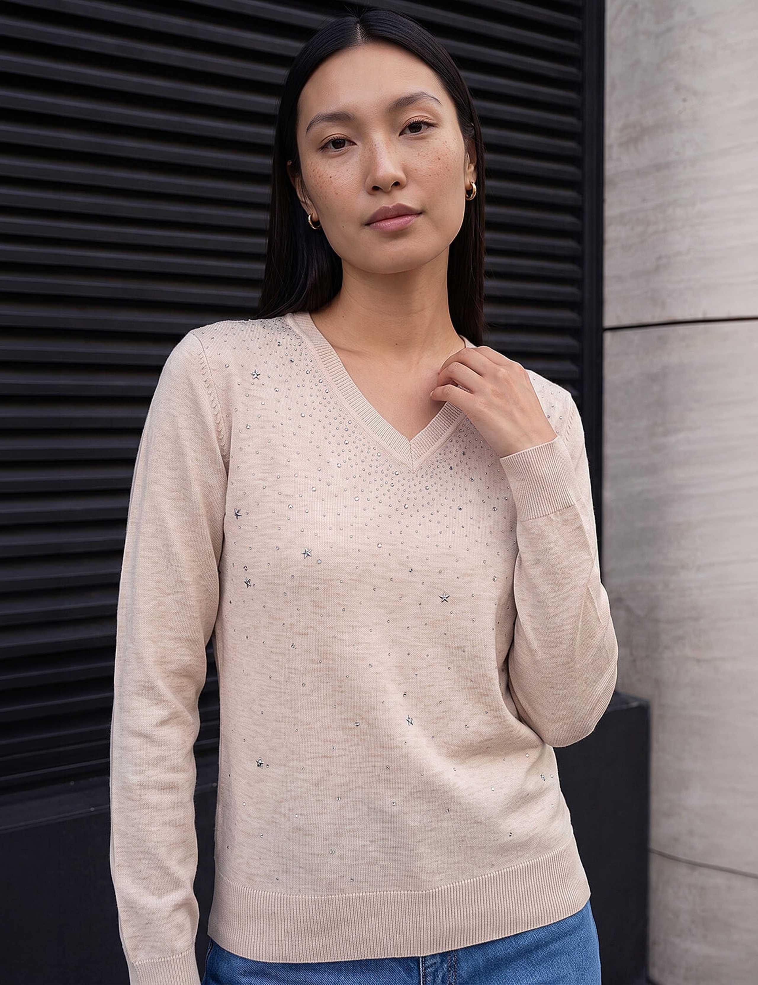 Sparkly Star Embellished V-Neck Jumper