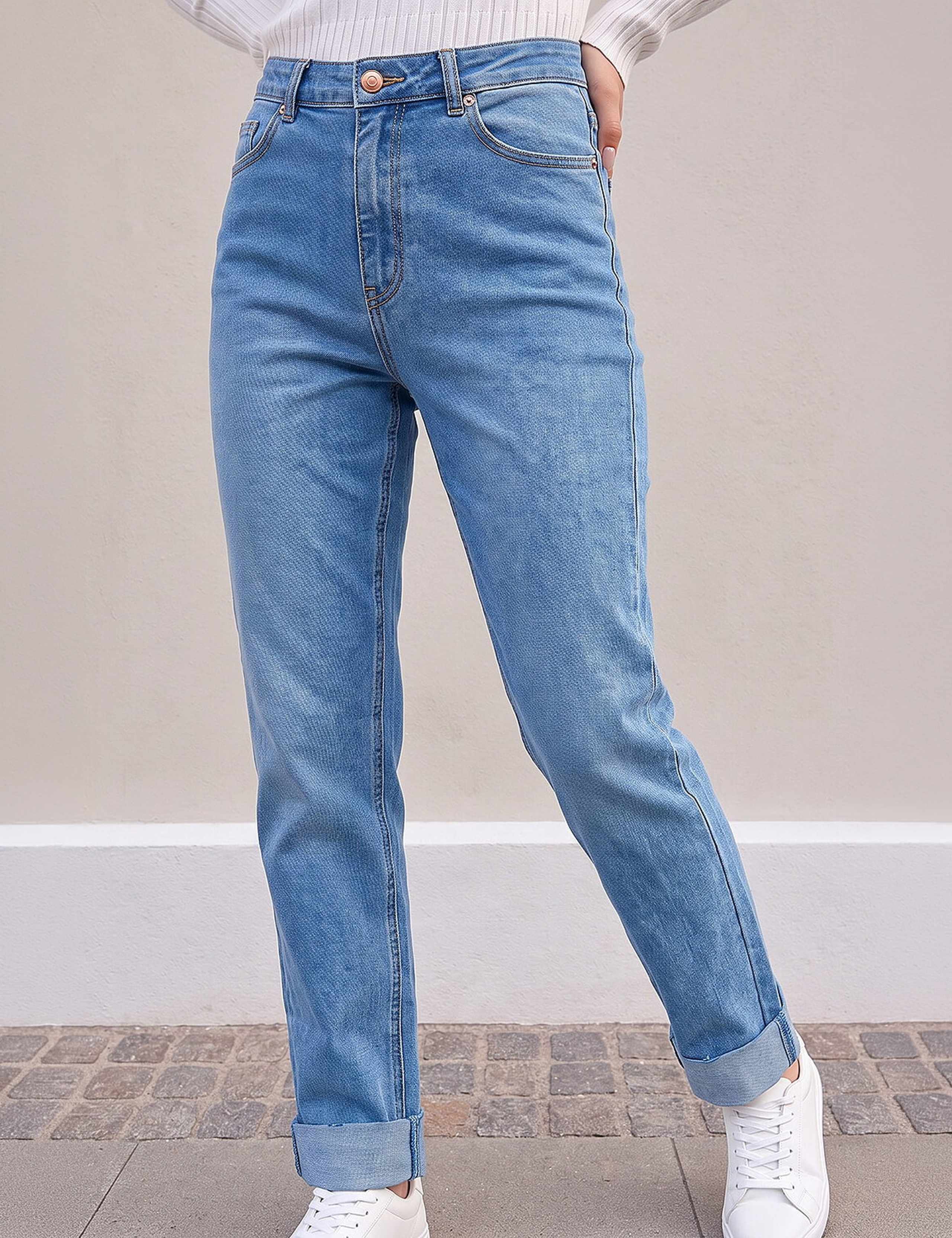 Petite Mid Rise Straight Leg Turn Up Jeans