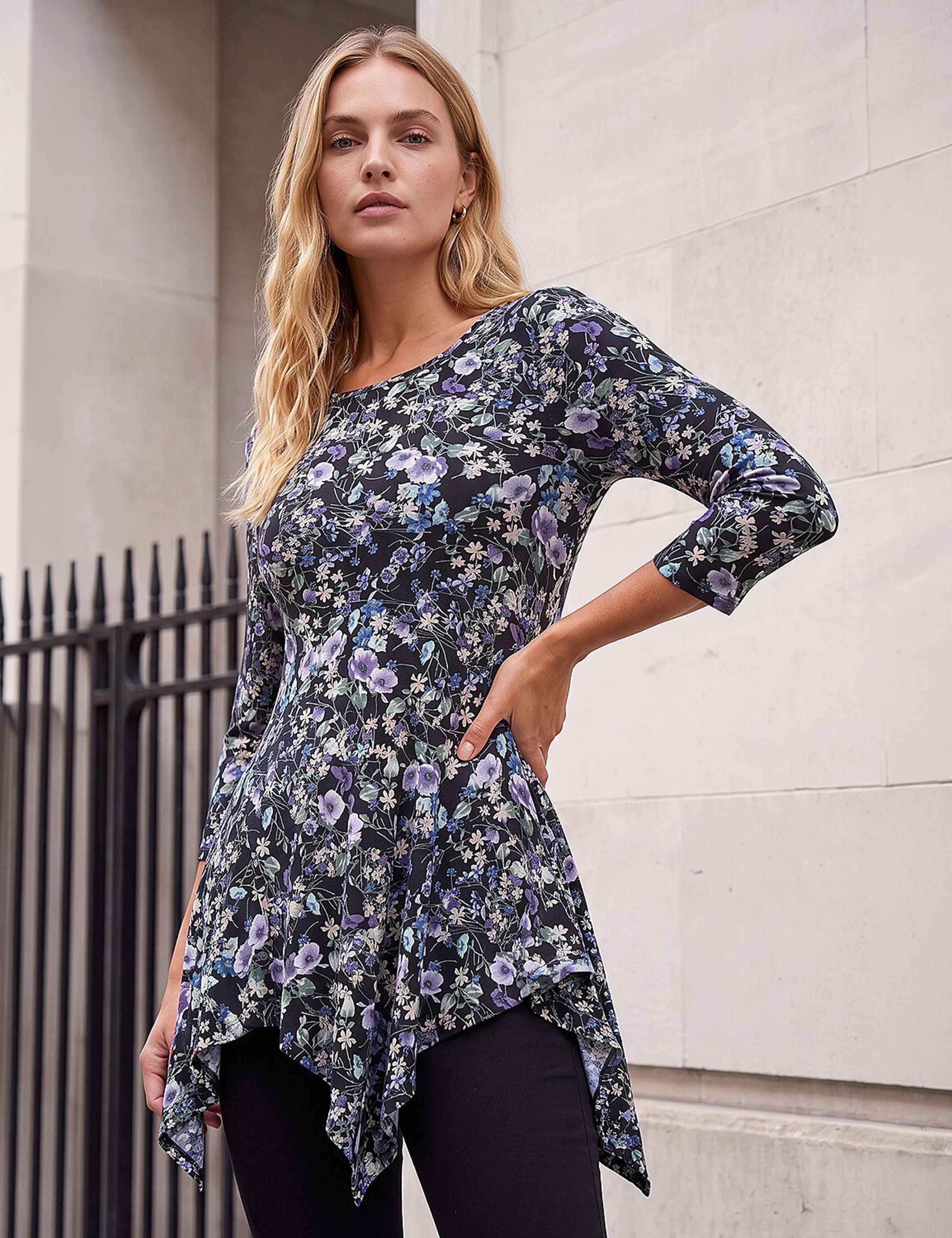 Stretch Jersey Floral Print Asymmetric Top