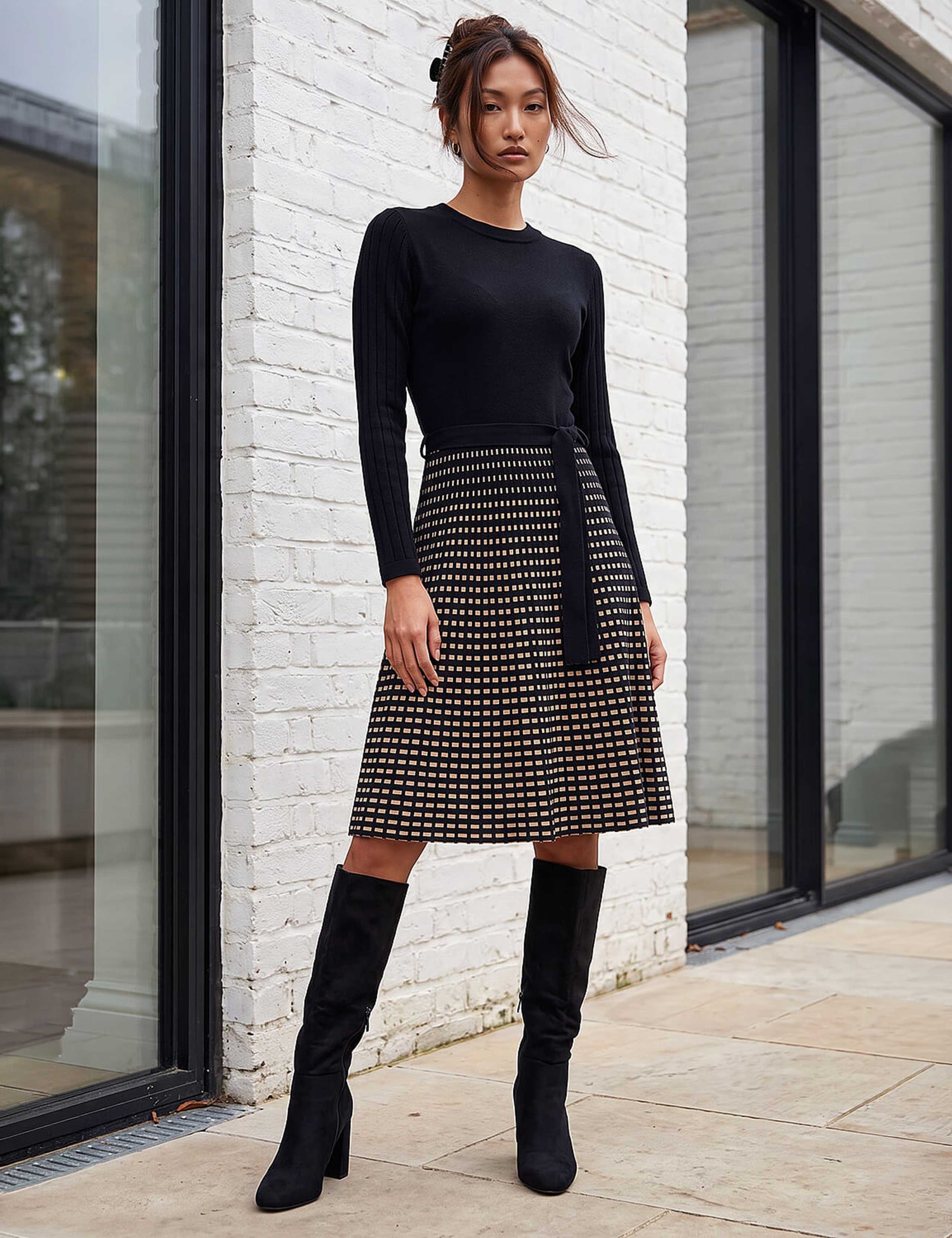 Checked Belted Knee Length Jumper Dress