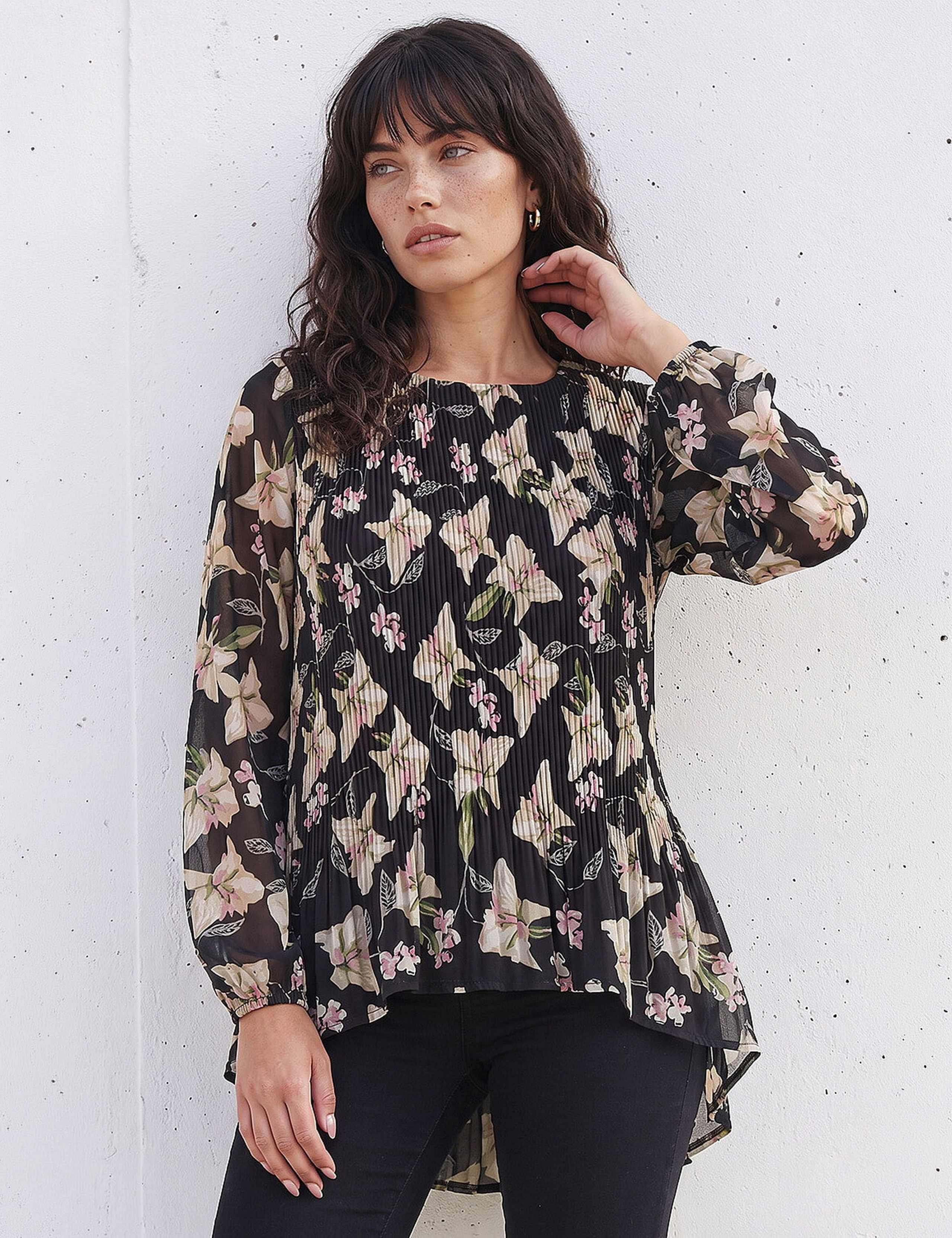 Sheer Floral Print Pleated Top