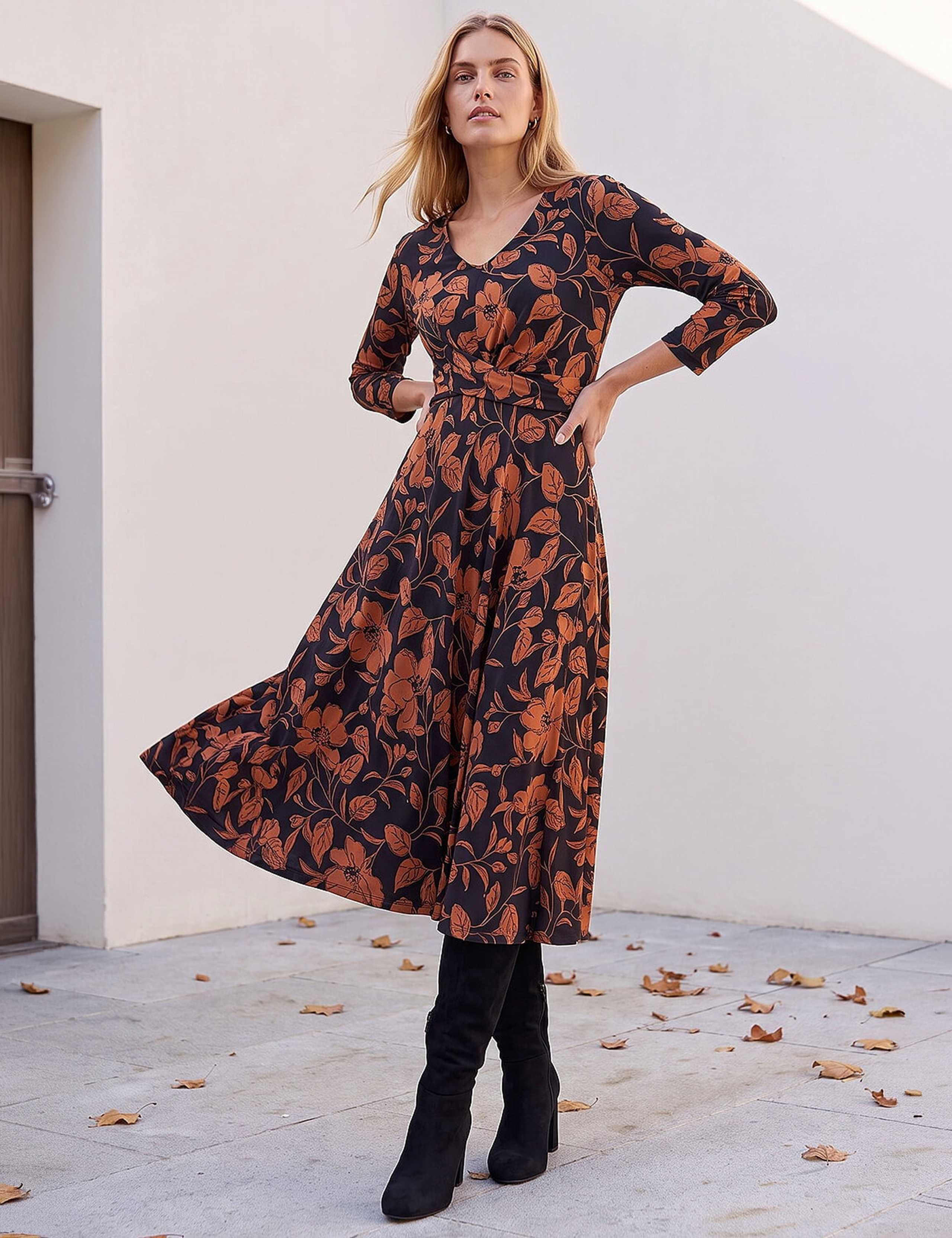 Leaf Print Midi Wrap Dress