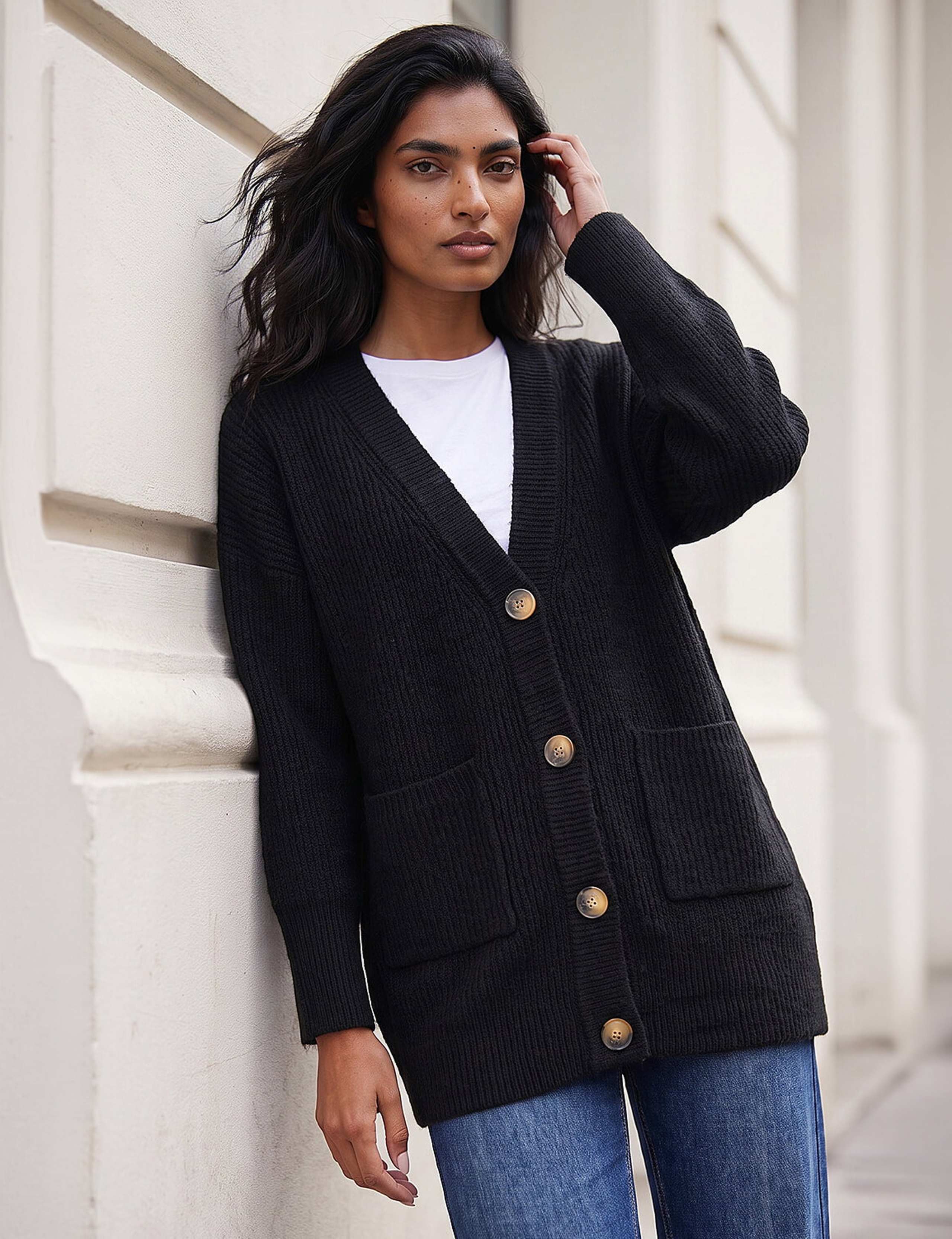 Ribbed V-Neck Button Front Longline Cardigan