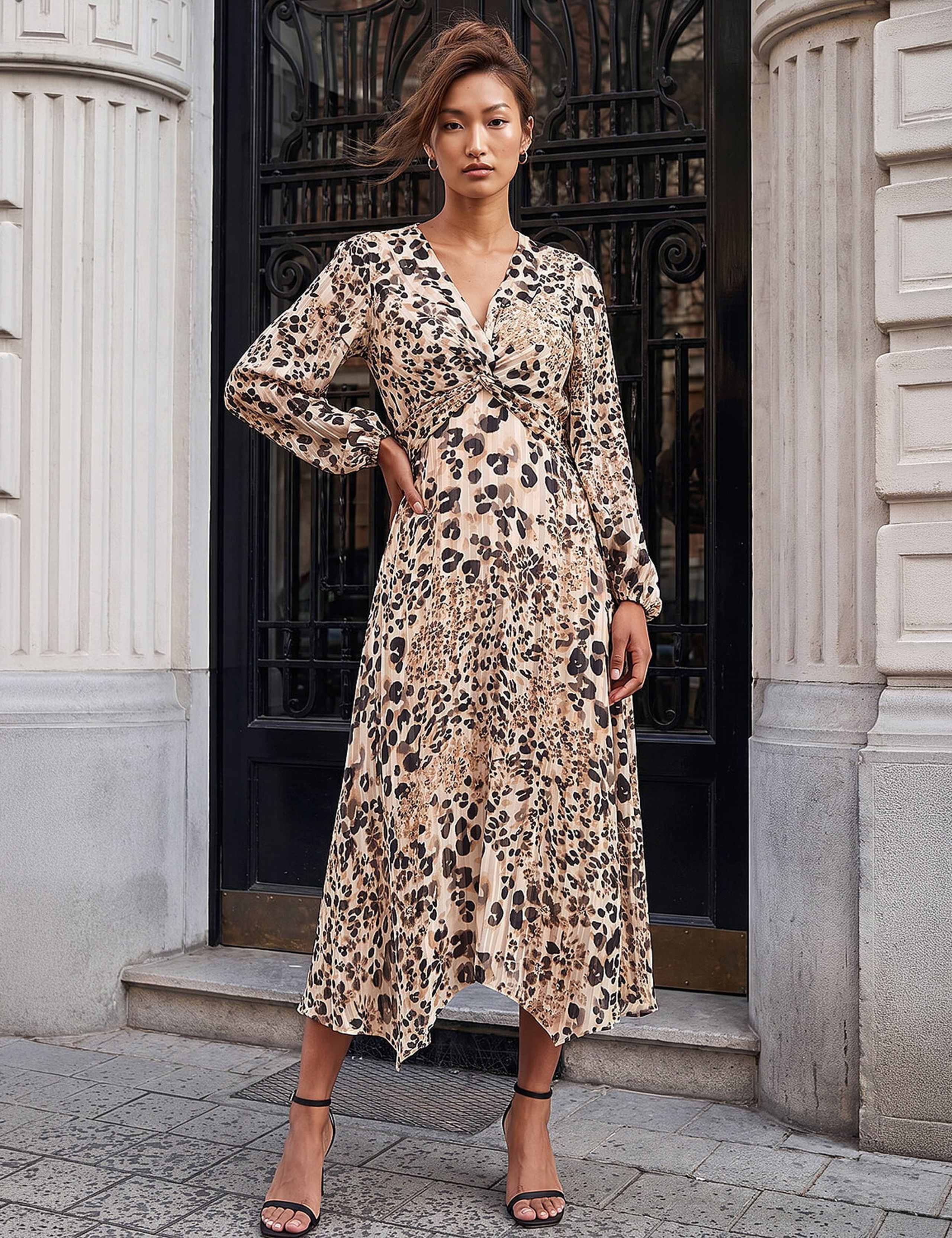 Animal Print Twist Front Midi Skater Dress