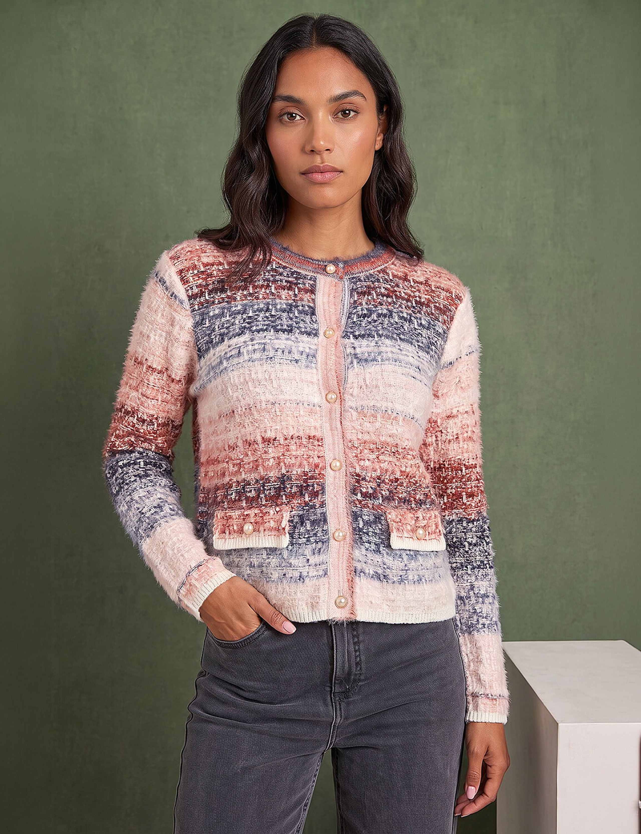 Fluffy Ombre Knit Button Detail Cardigan