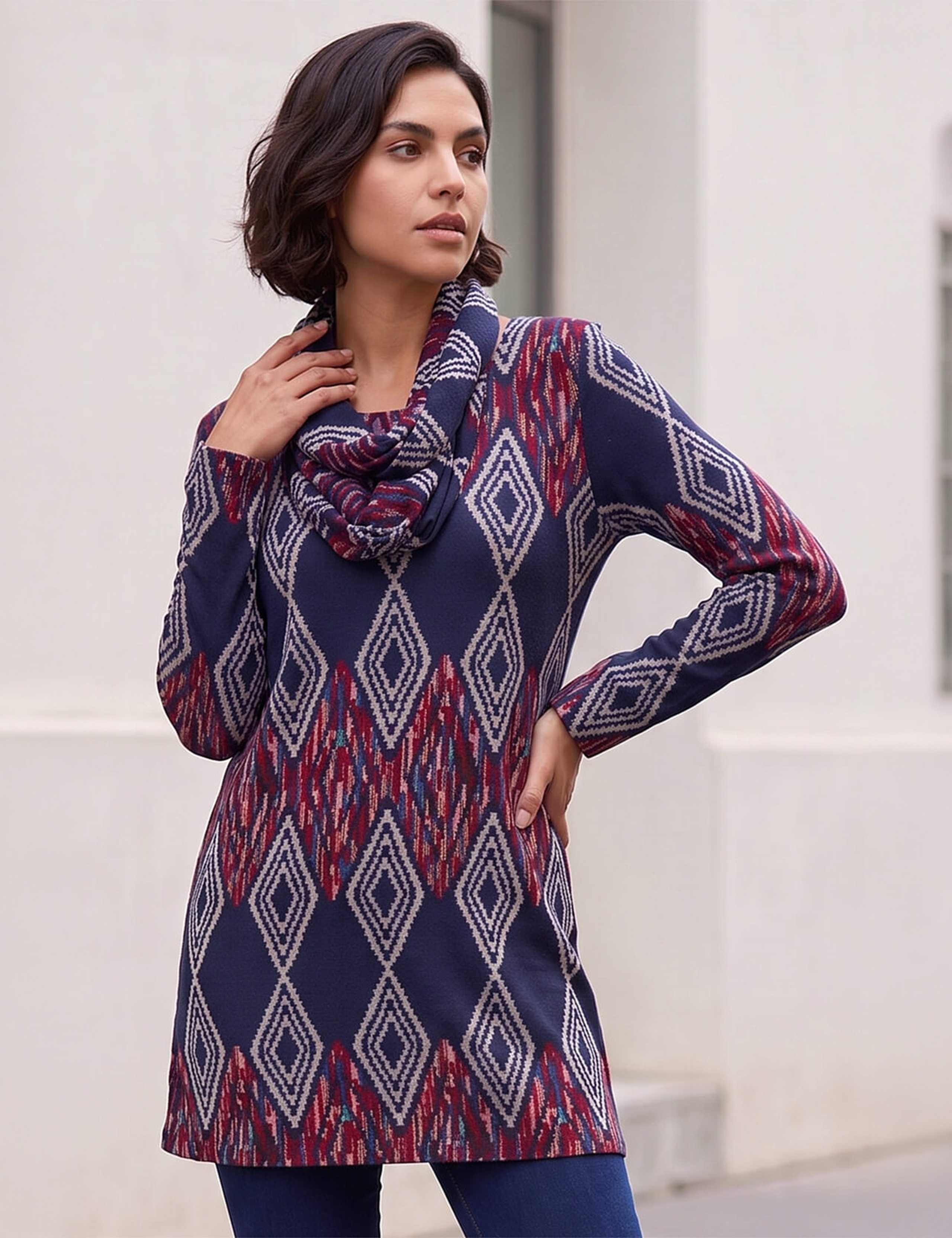 Printed Detachable Scarf Tunic