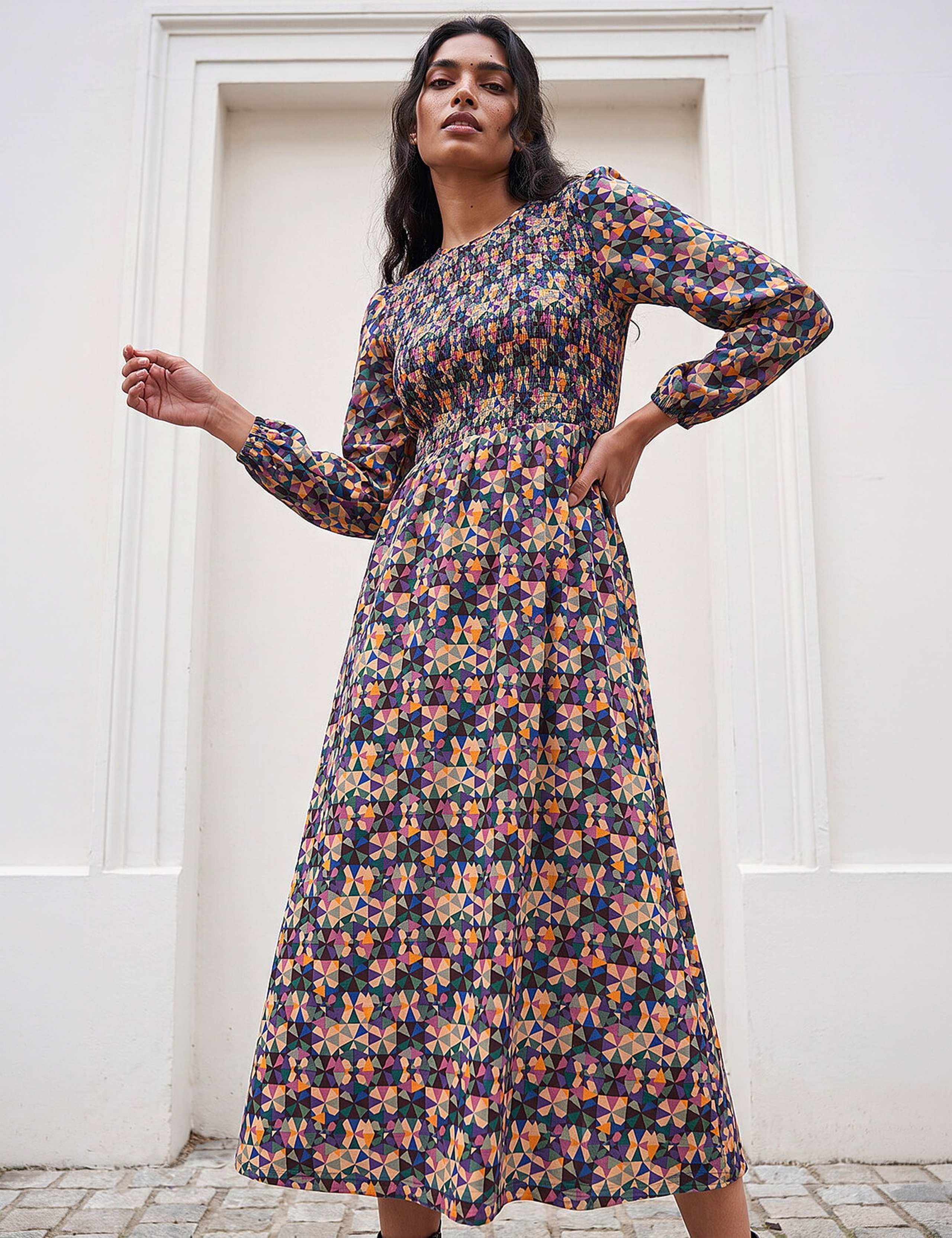 Jersey Geometric Print Shirred Midi Dress