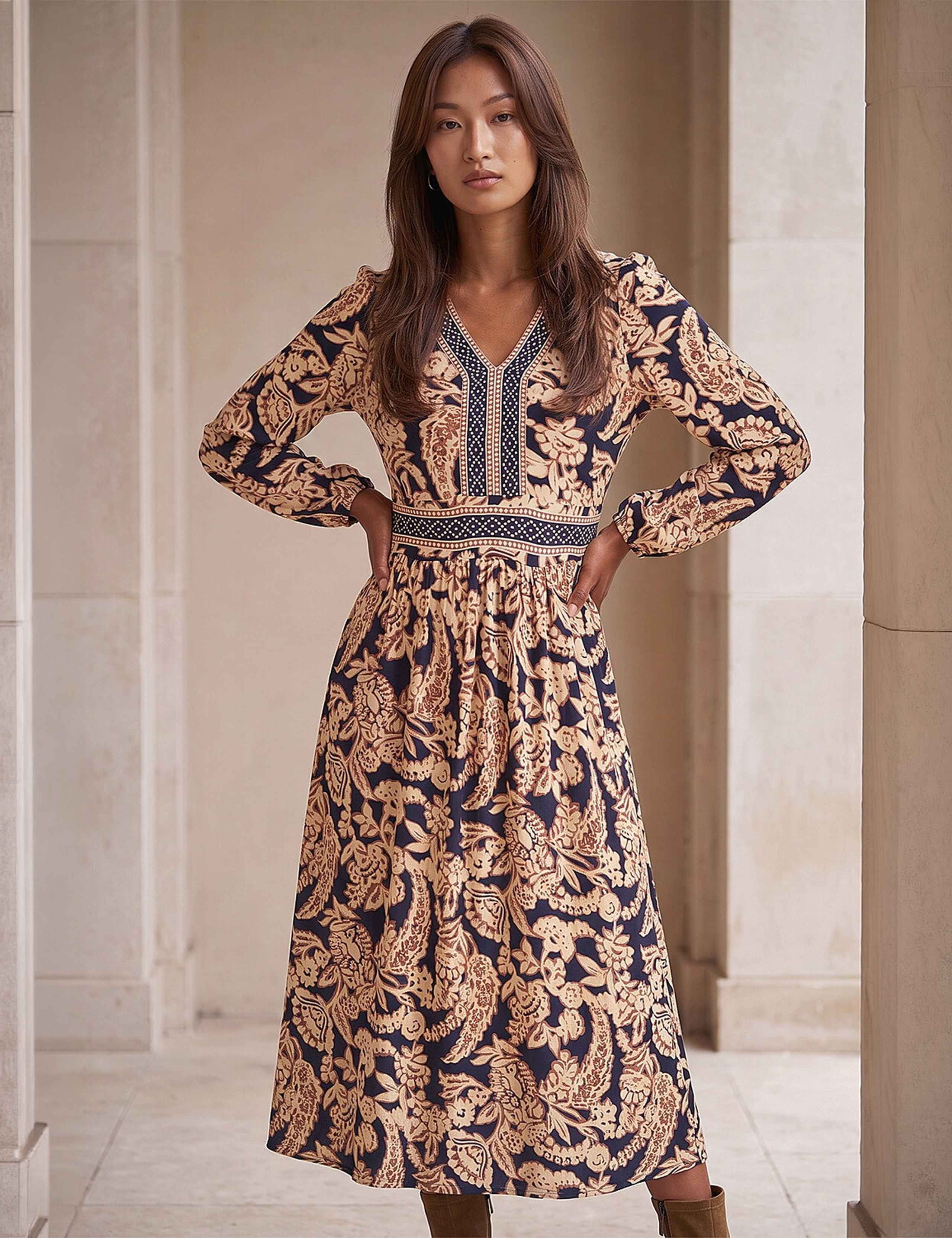 Floral Border Print V-Neck Midi Skater Dress