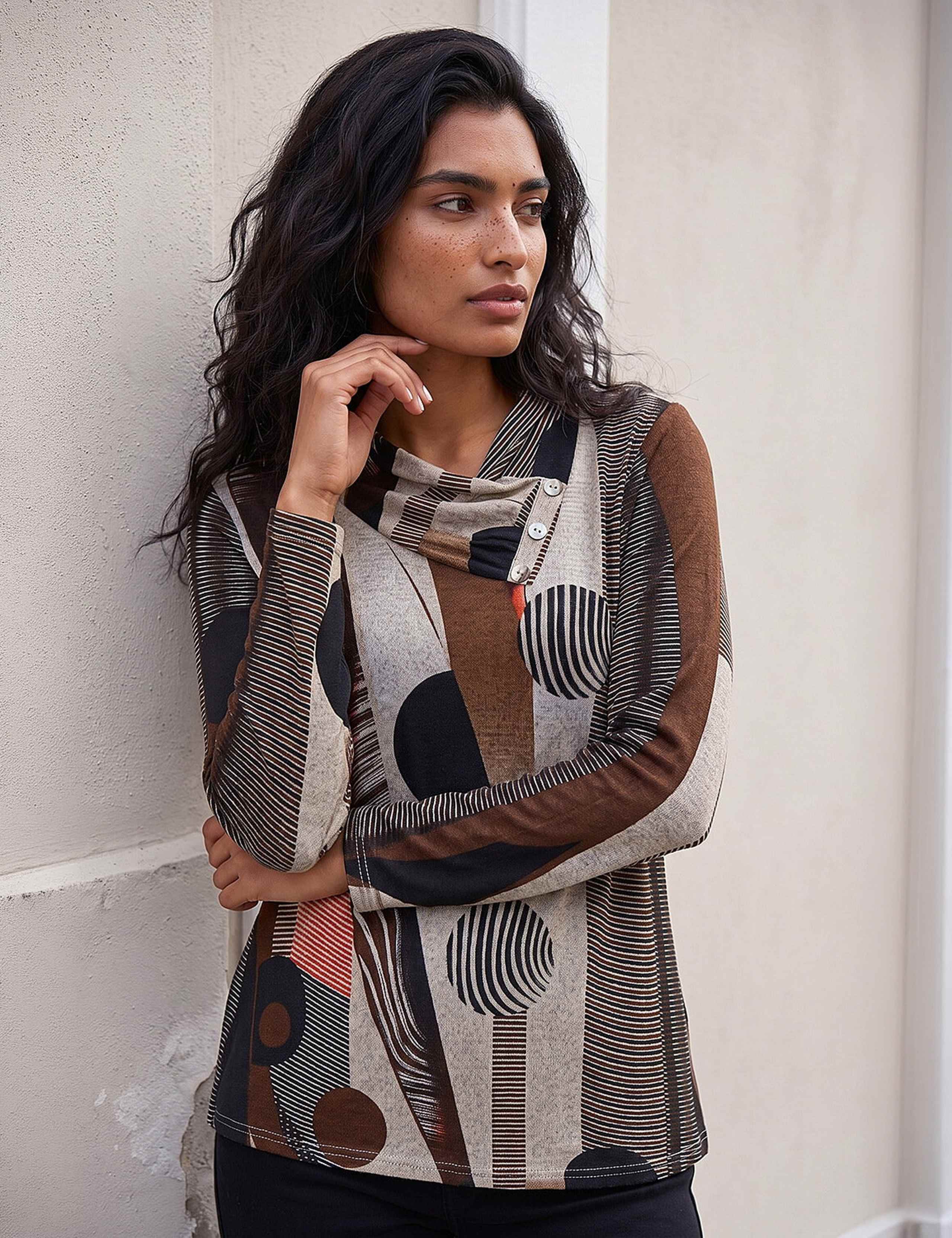 Abstract Print Button Neck Tunic Top