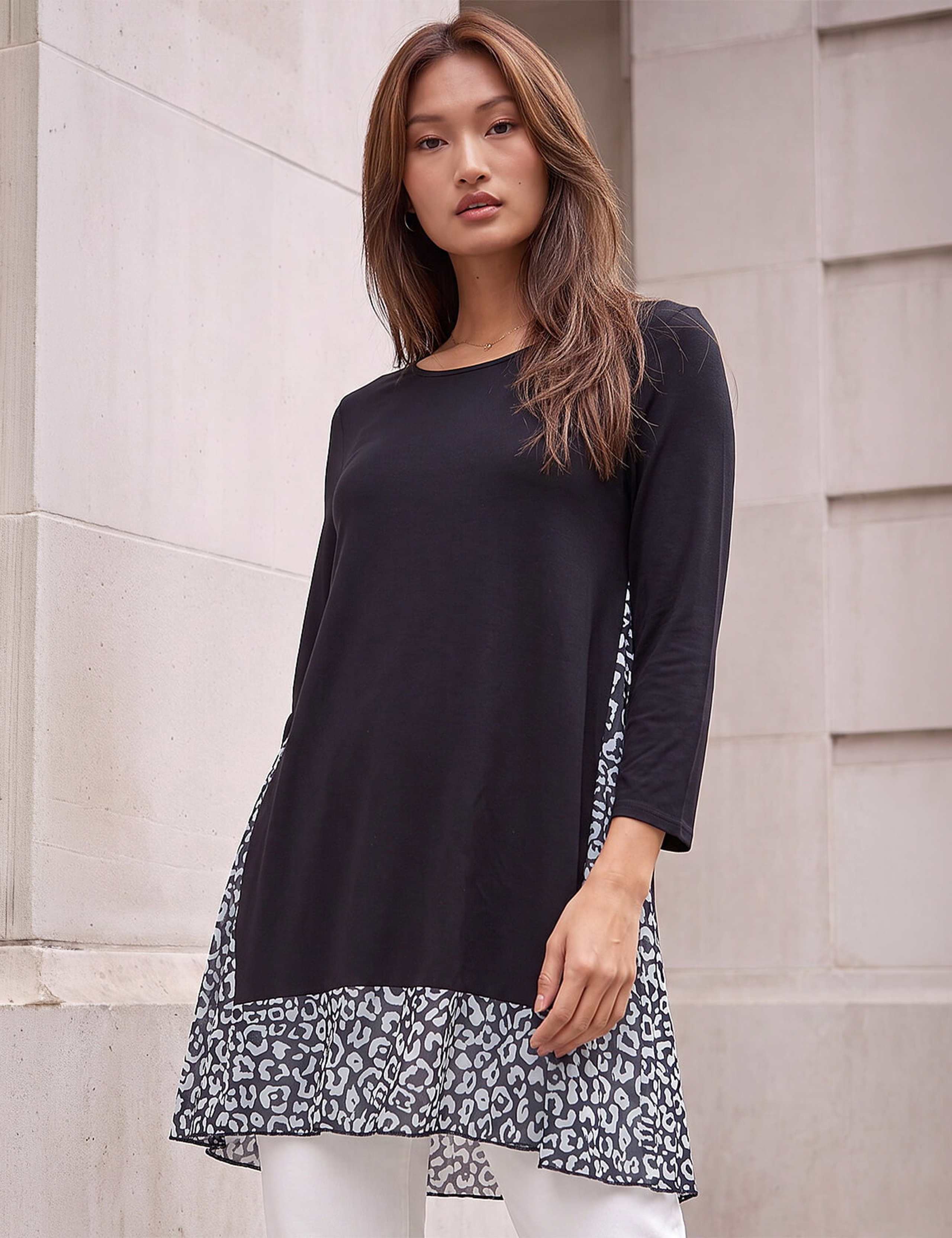 Animal Print Contrast Hem Swing Tunic Top