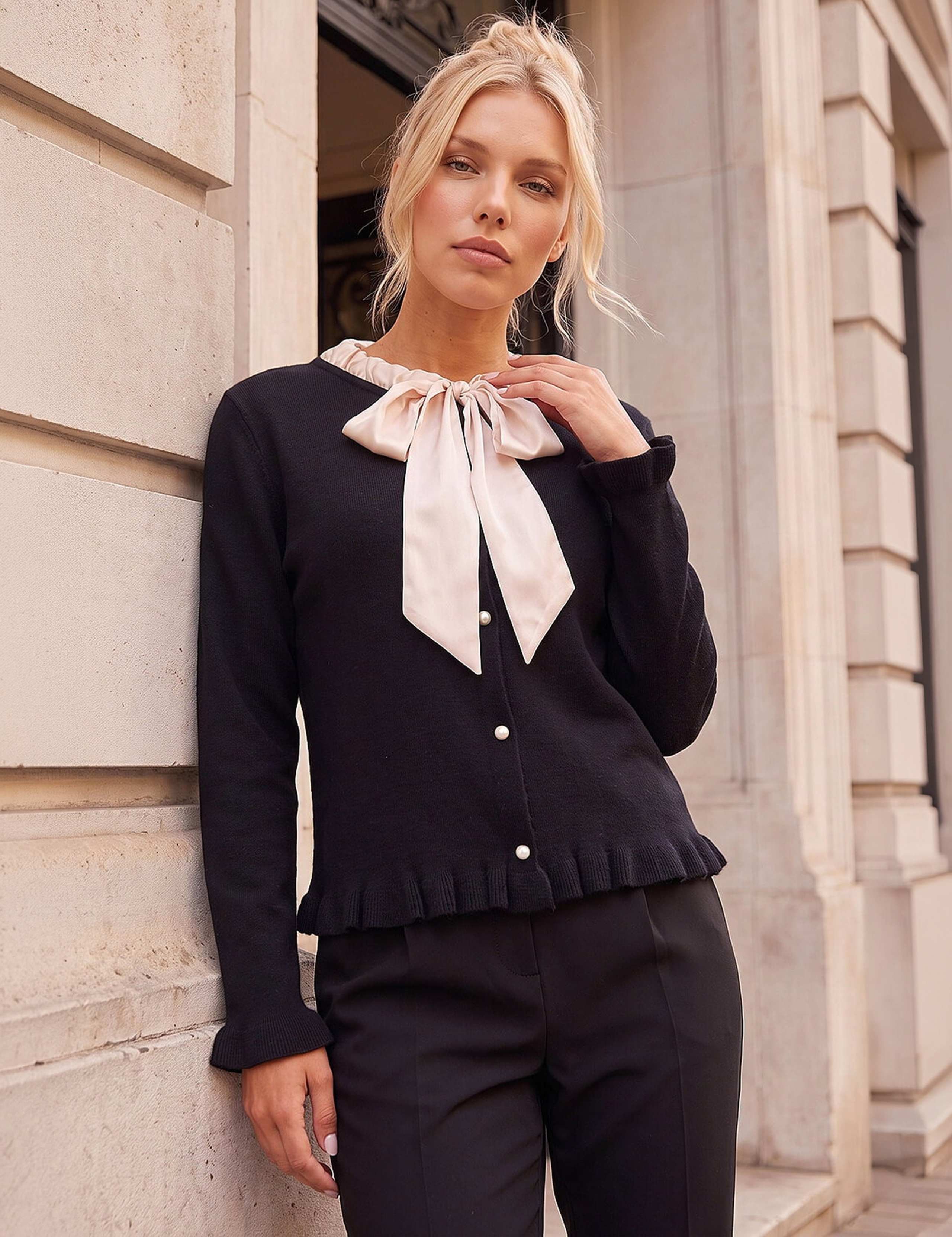 Petite Tie Neck Frill Hem Cardigan