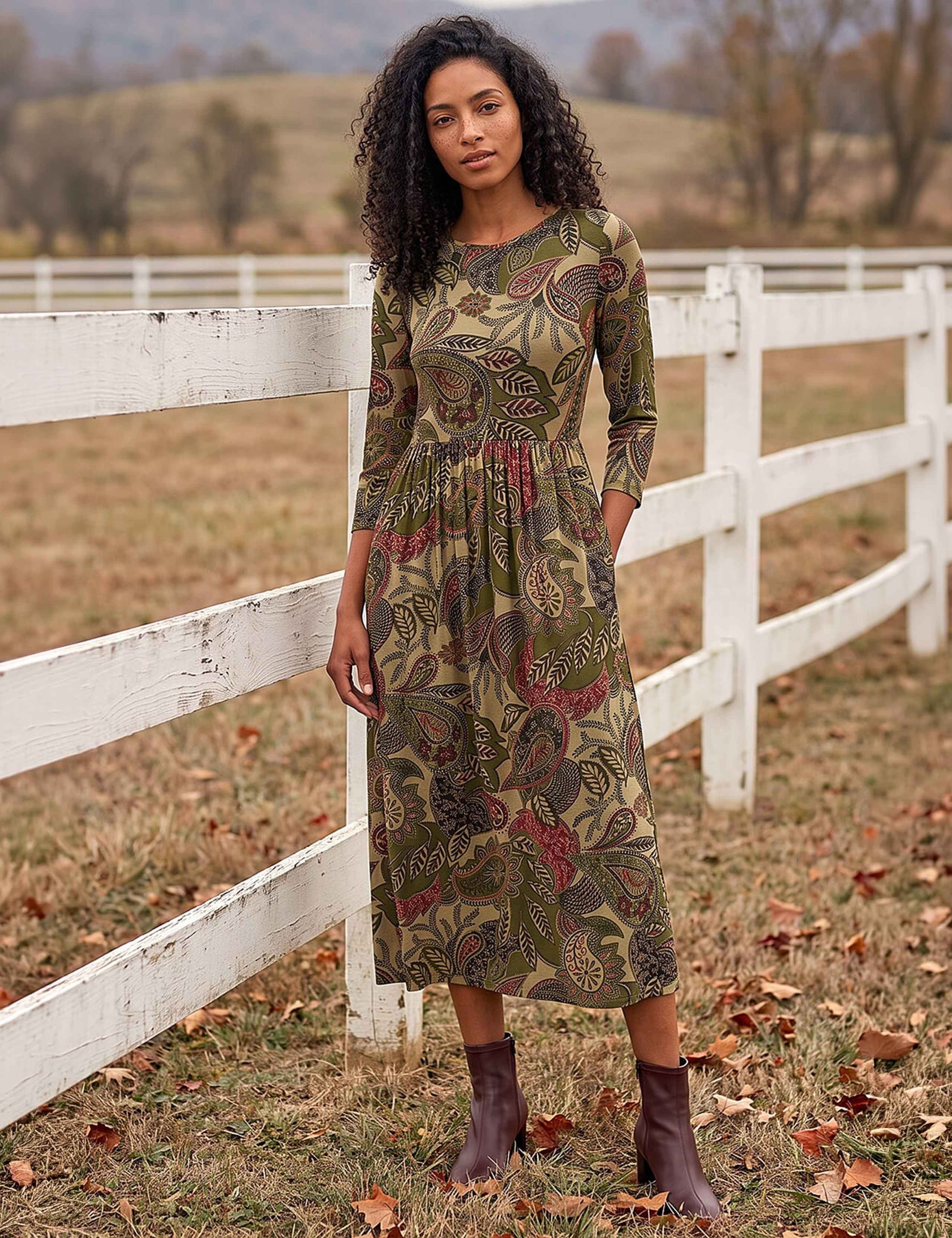 Stretch Jersey Paisley Print Midi Dress