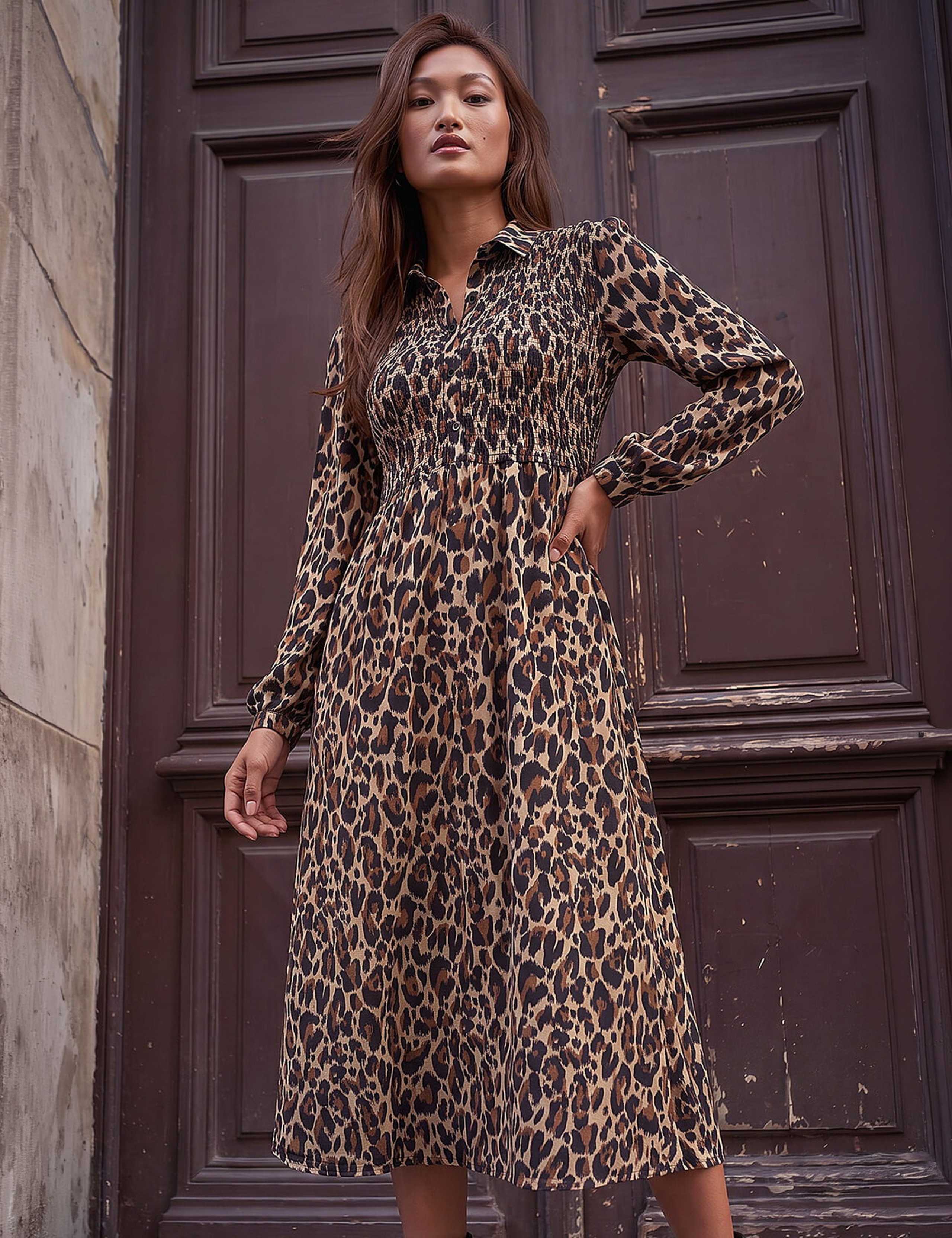 Animal Print Shirred Midi Shirt Dress