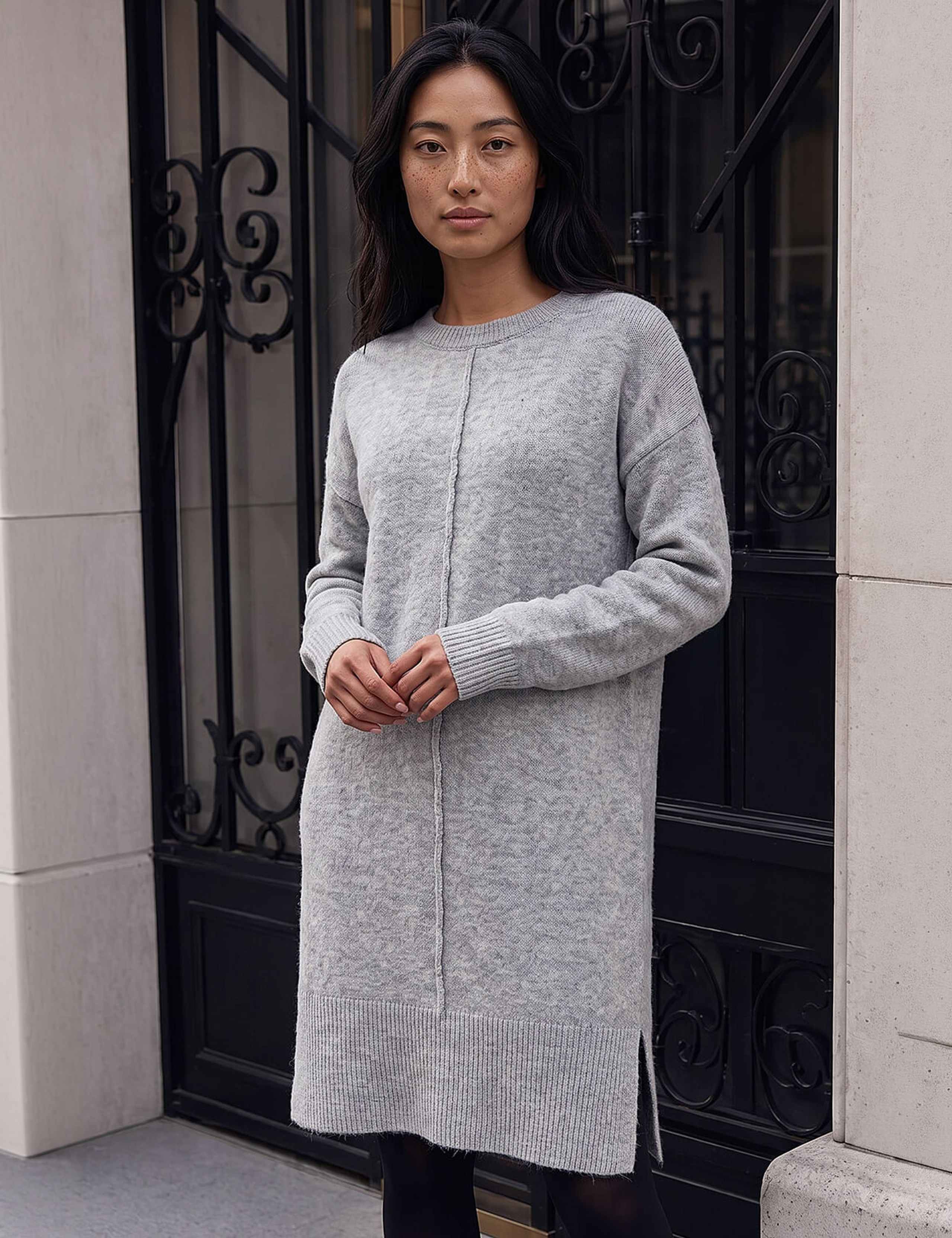 Knitted Pintuck Knee Length Shift Dress