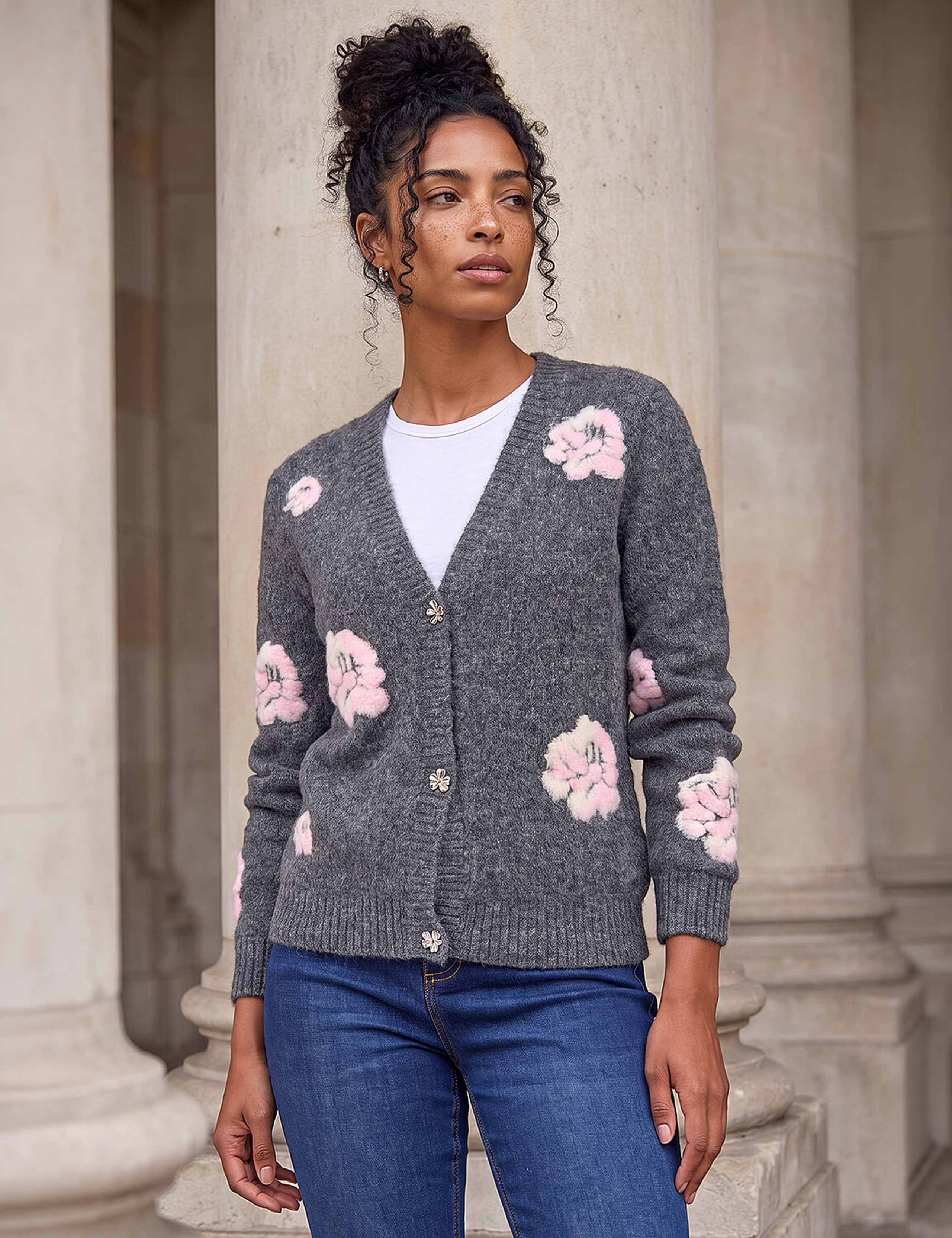 Embossed Floral Knitted Button Front Cardigan