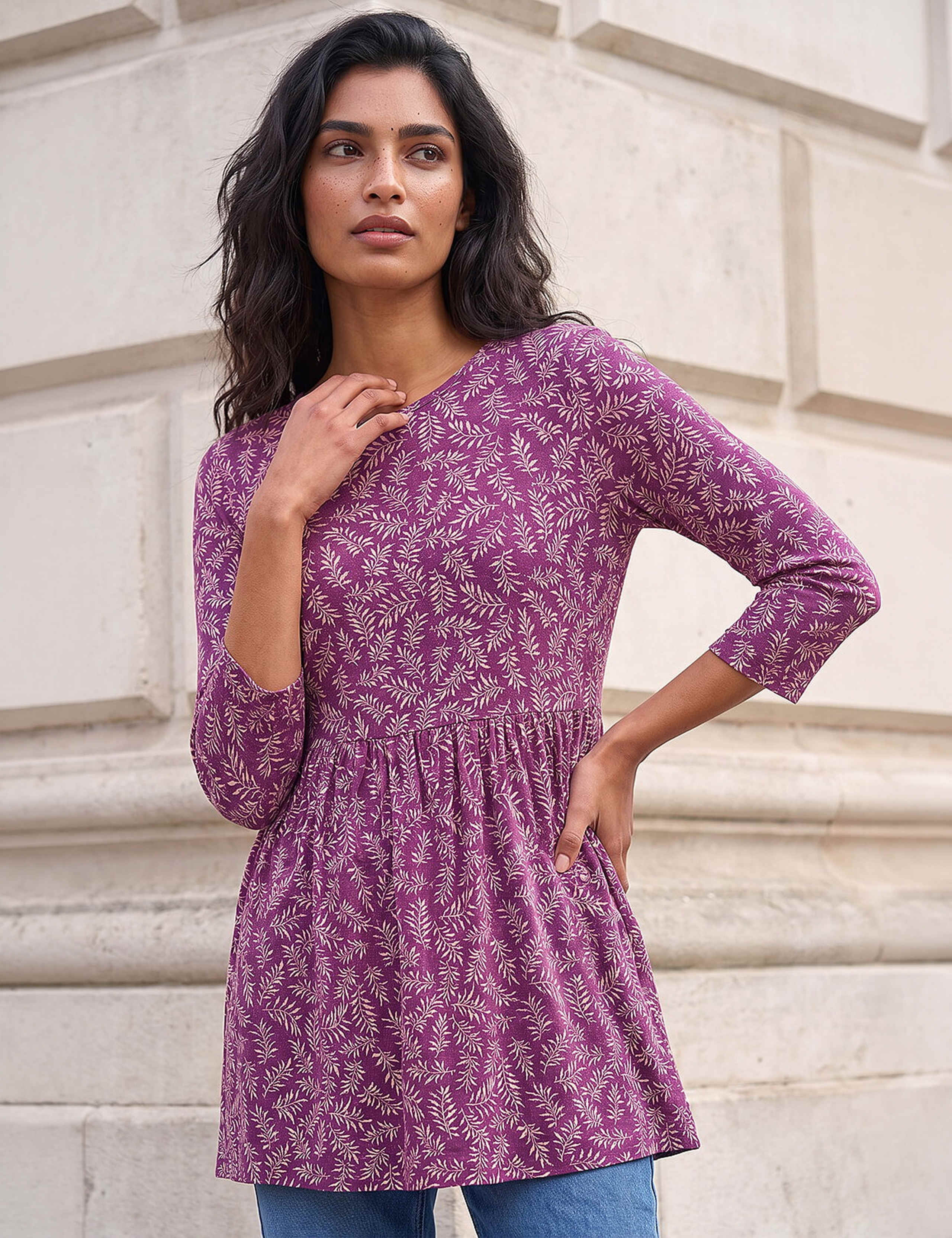 Jersey Leaf Print Gathered Waist Tunic Top